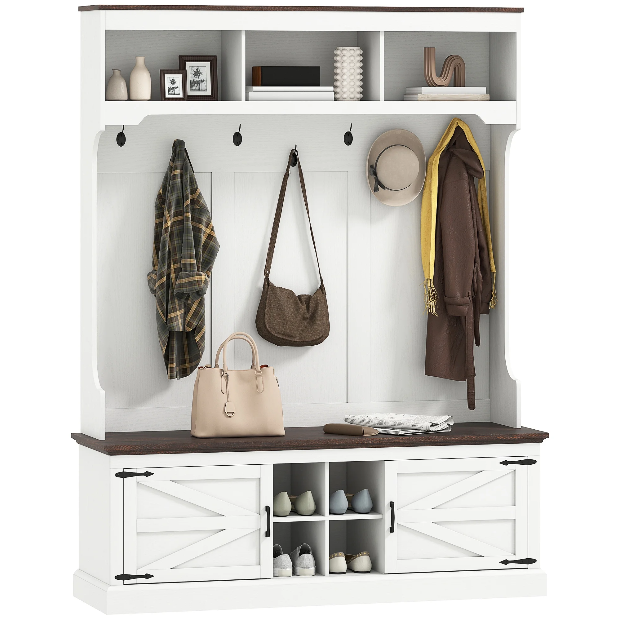 HOMCOM 3-in-1 Hall Tree with Shoe Storage, Standing Coat Rack with Shoe Bench, Entryway Furniture with Seven Hooks, White Wood Grain