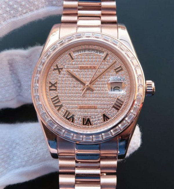 Replica Rolex Day-Date 218399 Roman Numerals RG Full Diamonds A3255 - Top club