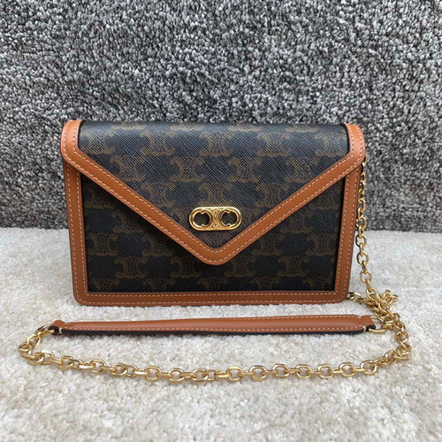 CELINE MAILLON TRIOMPHE Logo Printed Sheepskin Chain Wallet Yellow brown color