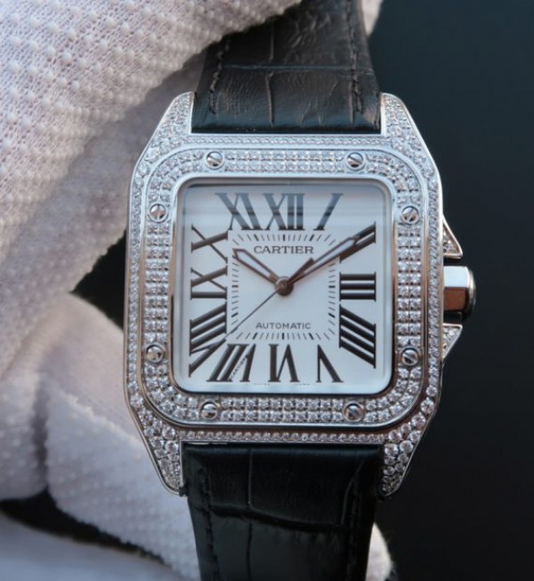 Replica Cartier V6 Santos 100 41mm White Dial Diamond Bezel Black Leather Strap A2824 - Top club