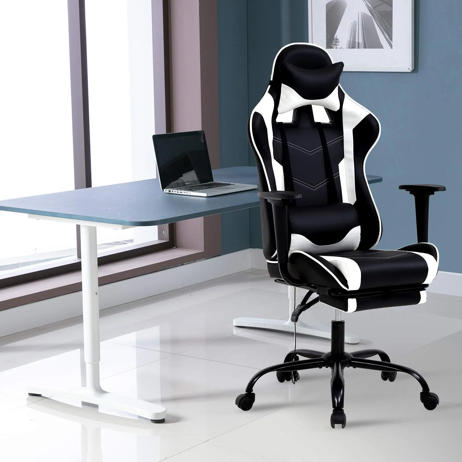 High Back Gaming Chair Ergonomic Racing Style Gaming Chair with Footrest, Headrest and Lumbar Support Height Adjustable PU Leather Office Chair for Adults, White