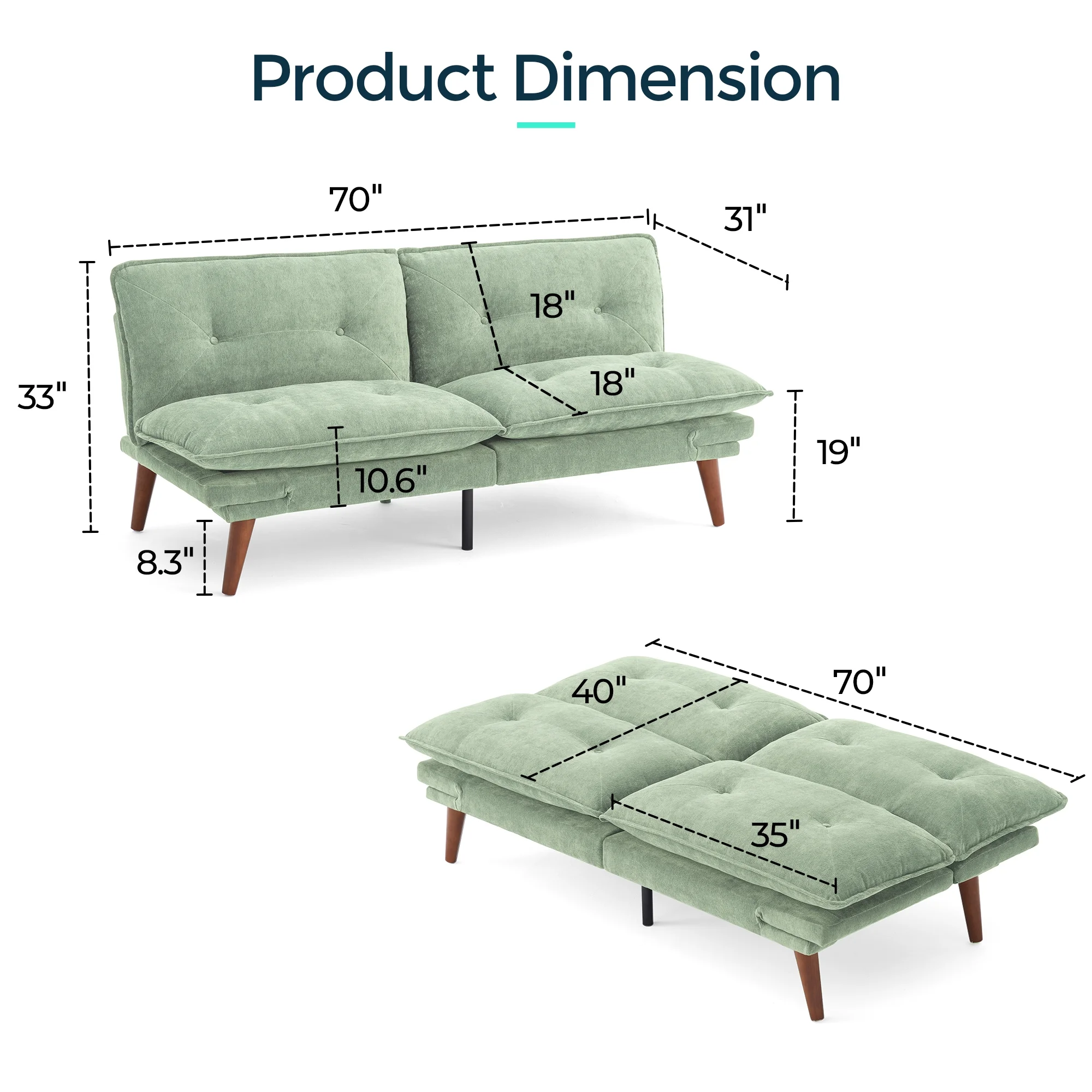 Linsy Home 70" W Chenille Convertible Futon Sofa Bed with Adjustable Armrests, Green - Image 2
