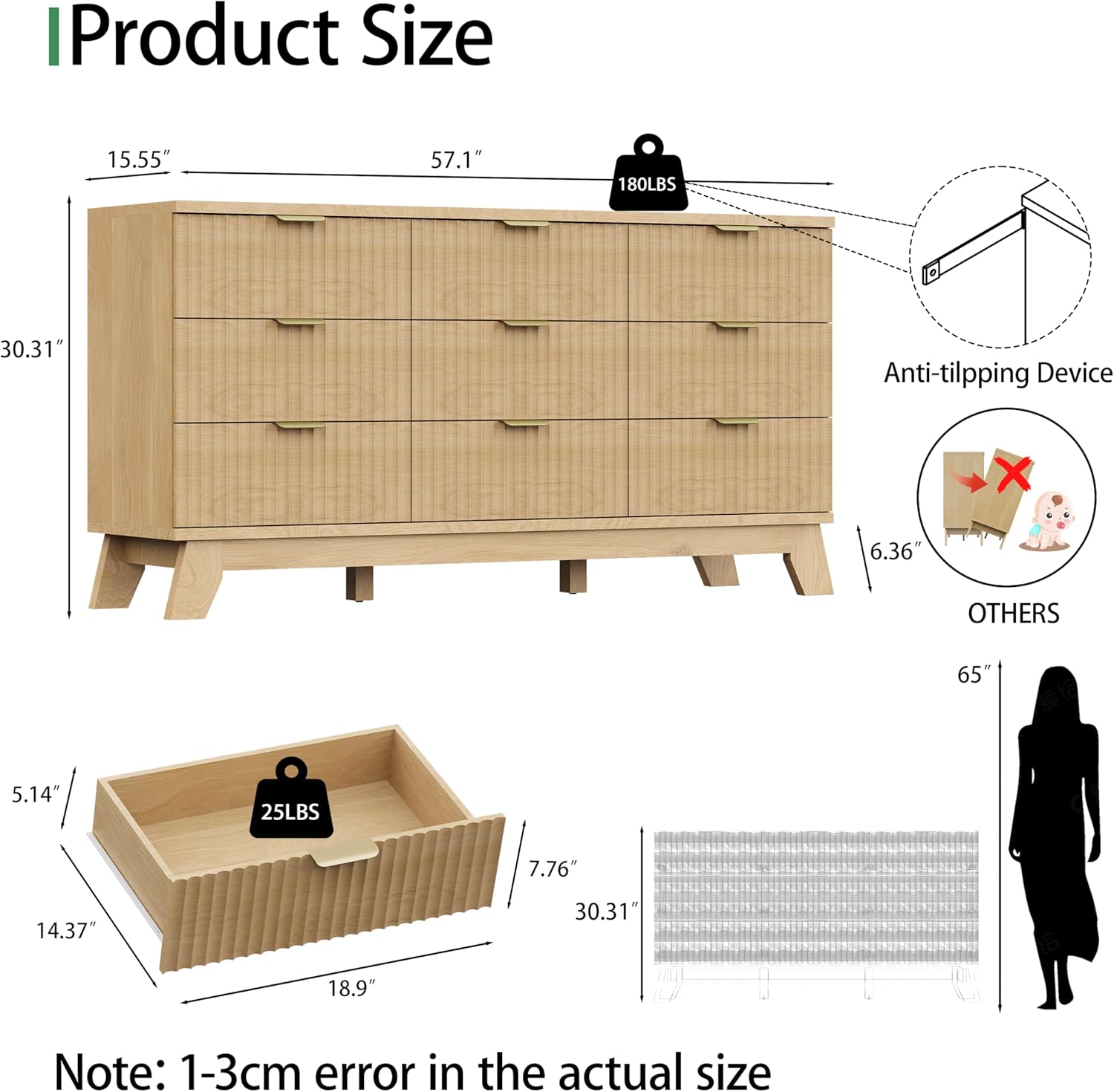 Fluted Dresser for Bedroom with 9 Drawers, 57