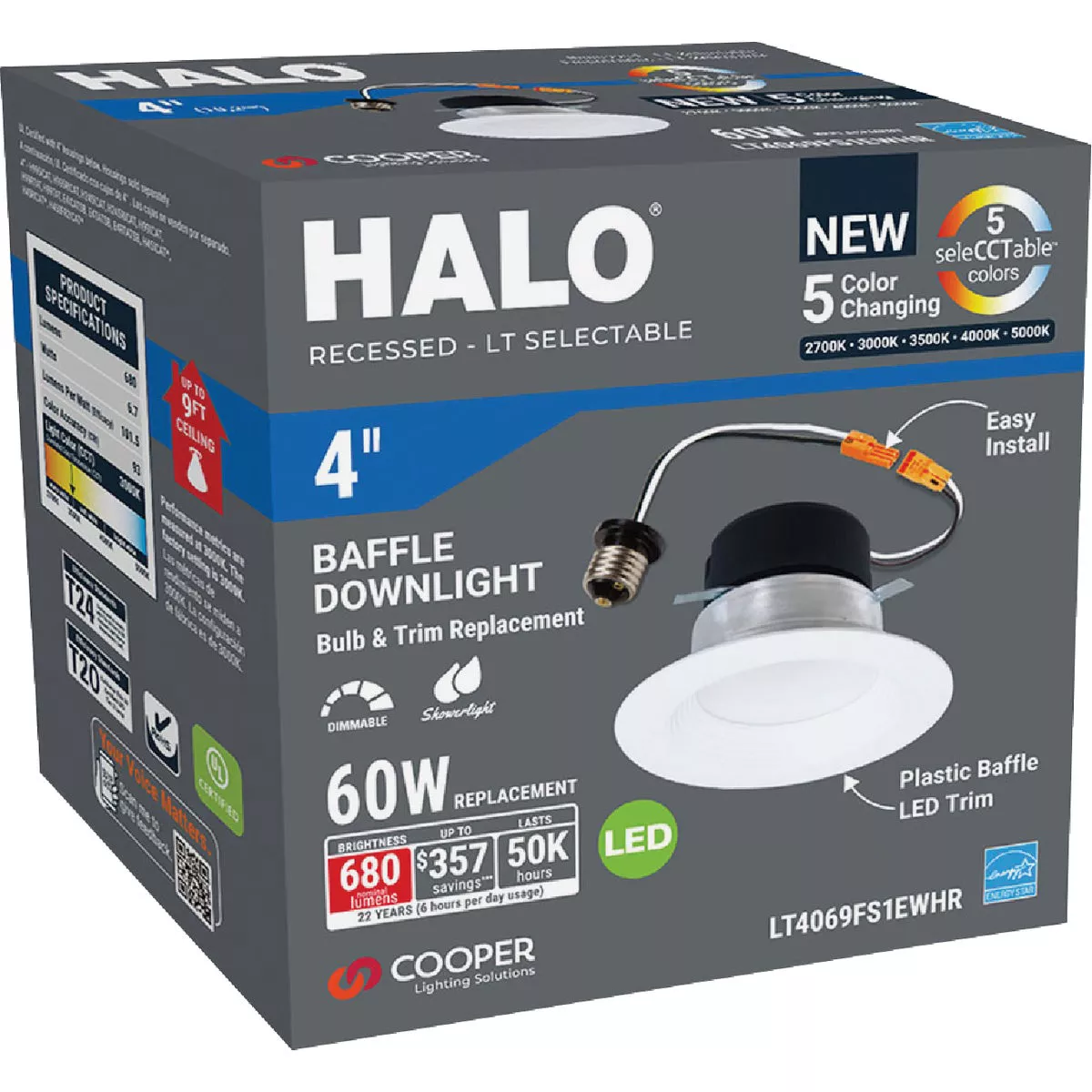 Halo LT 4 In. IC Rated 5CCT LED Recessed Light Kit, 650 Lm.