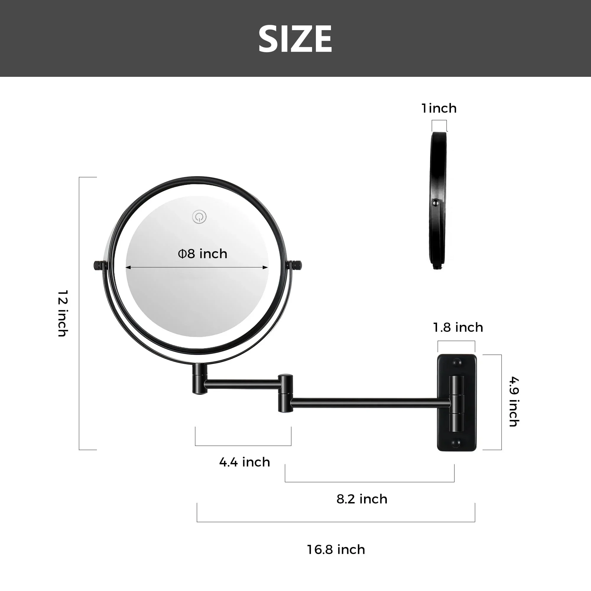 8 Inch Round Wall-Mounted Makeup Mirror, Rechargeable, 1X/10X Magnification, 3-Color LED Lights