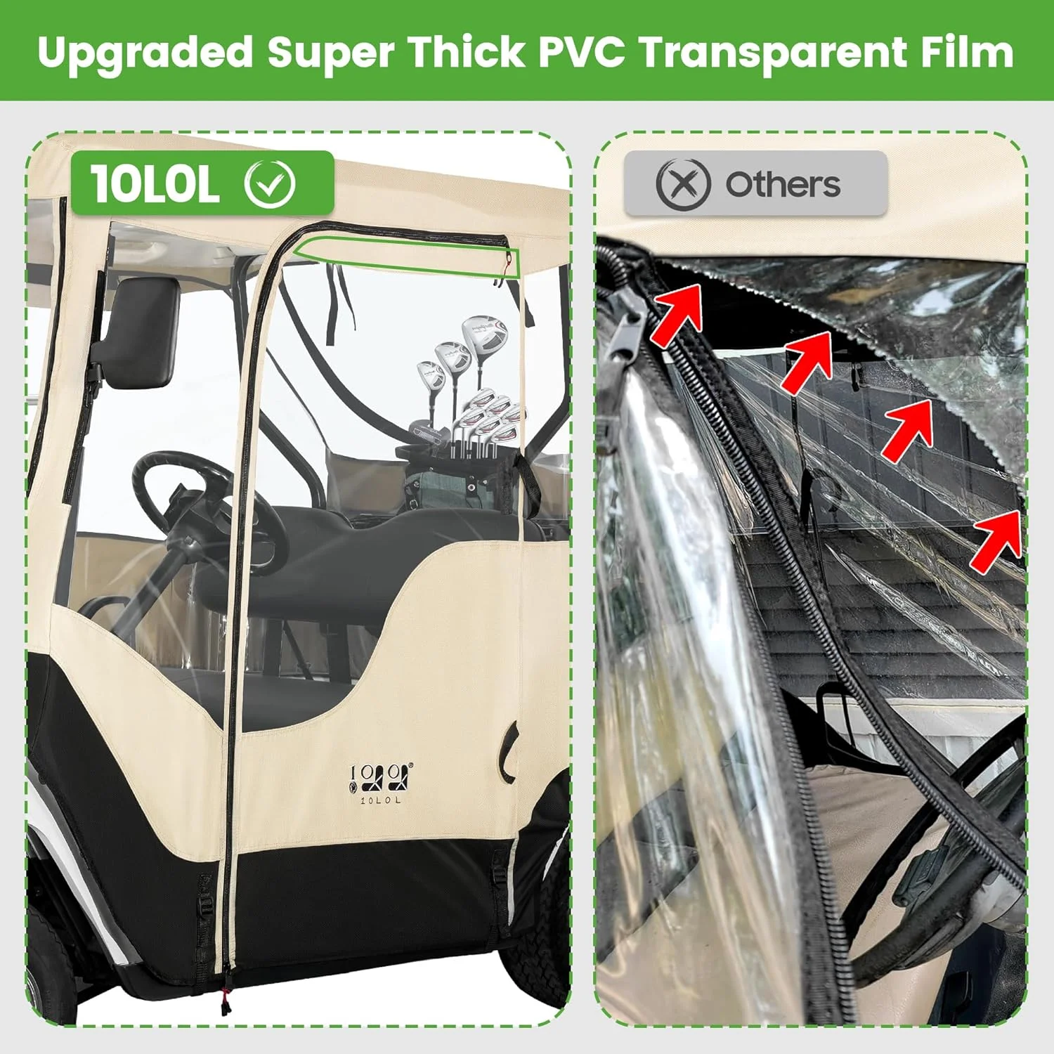 10L0L 2 Passenger Golf Cart Enclosures Fit EZGO TXT RXV, Waterproof Driving Cover Black Golf Cart Accessories - Image 15