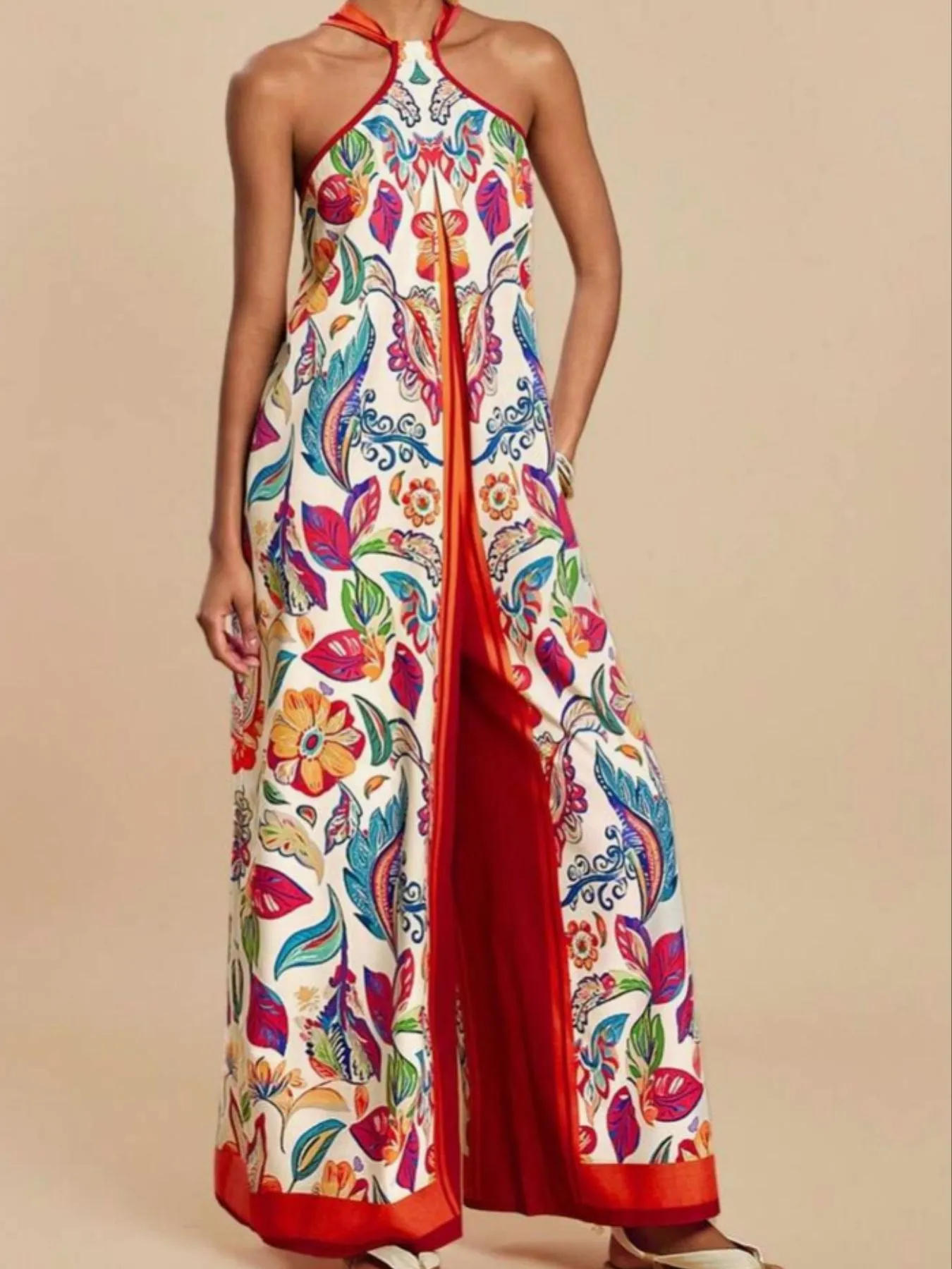 Printed Halter Wide-Leg Jumpsuit - ZKZOOK