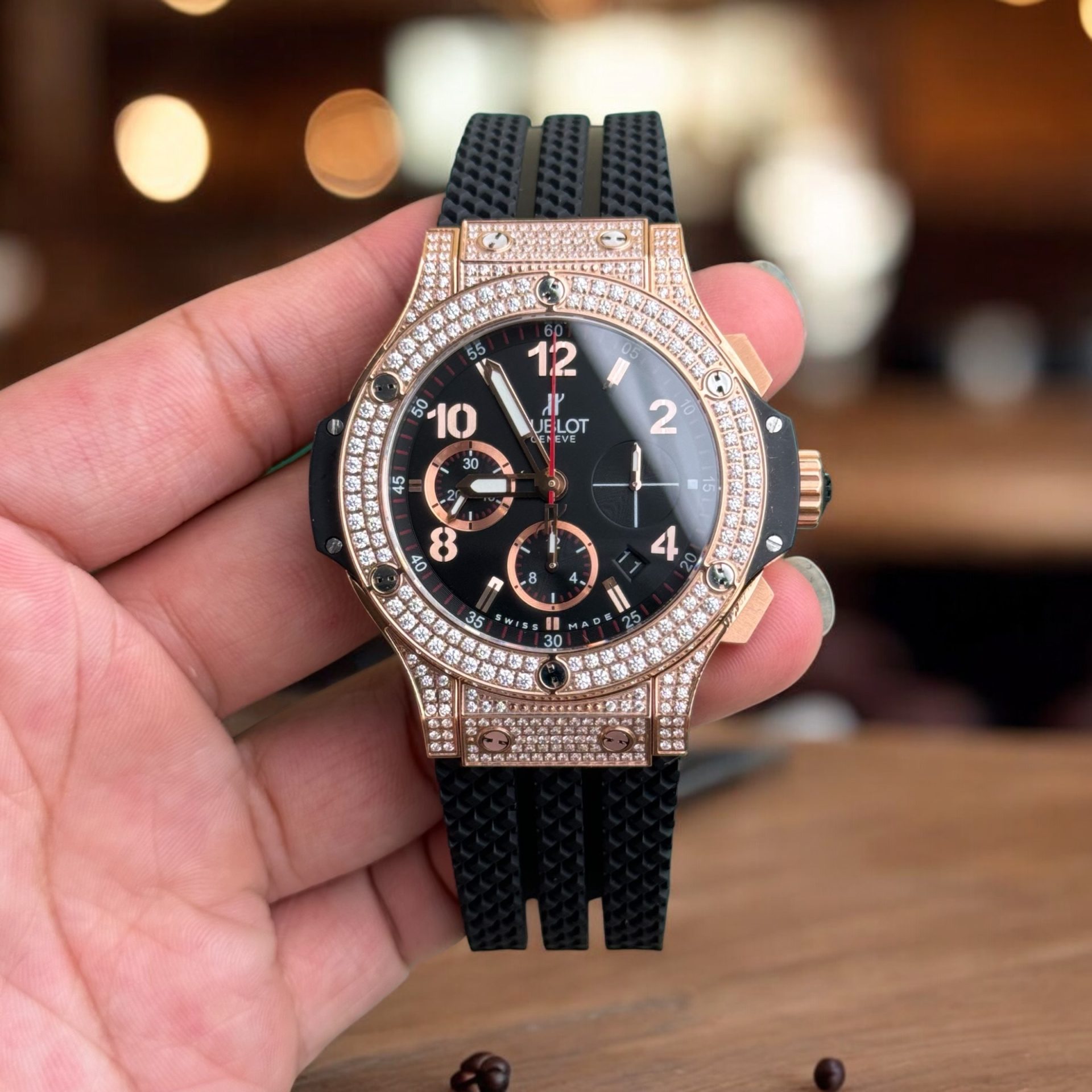 Hublot Replica 11 Watch Big Bang Chronograph Full Stone Face Black High Quality 44mm - Elite Watch Atelier