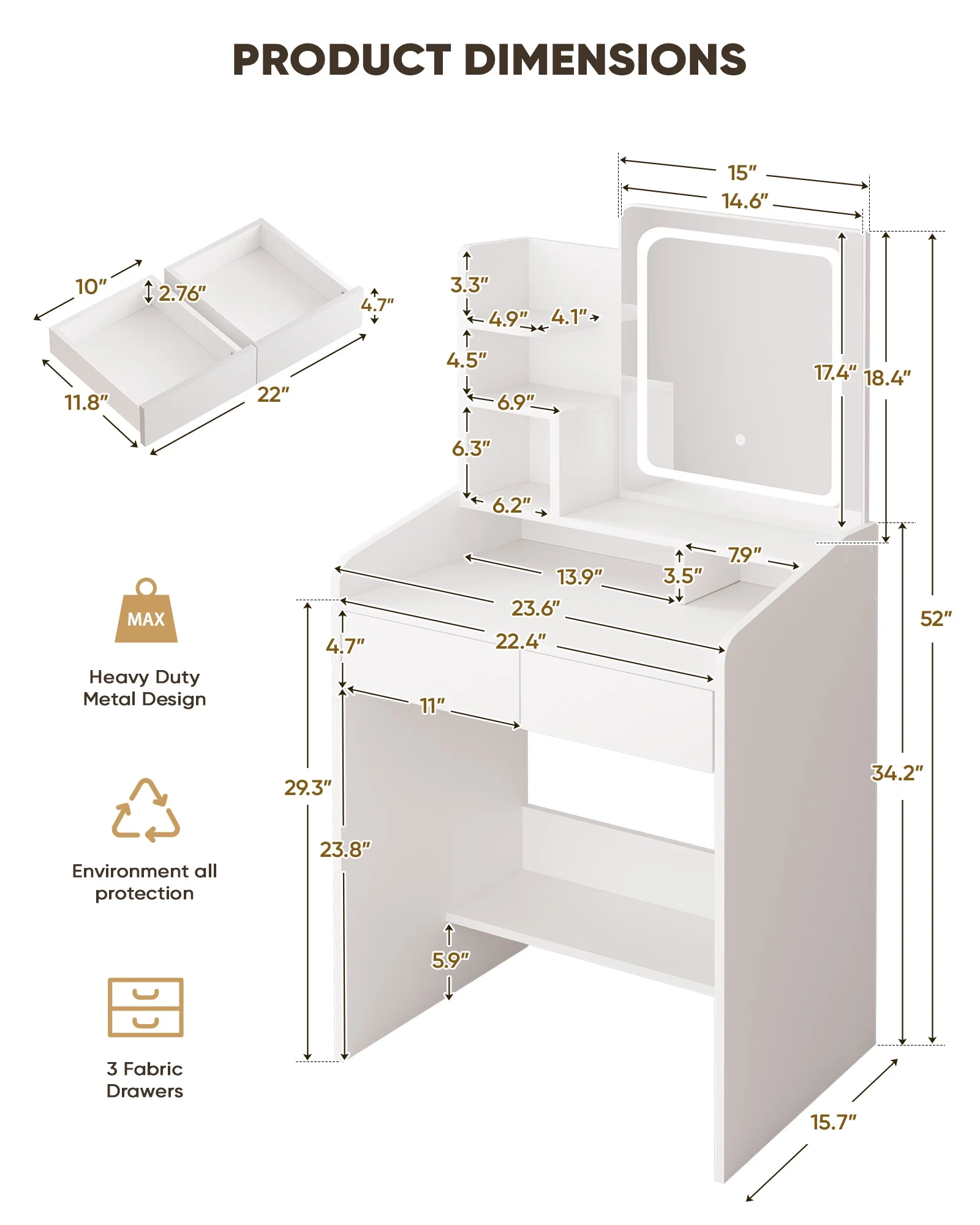 LIVELYGLOW Vanity Desk Set with Square Mirror and Light- Small Vanity Table with Drawers- White