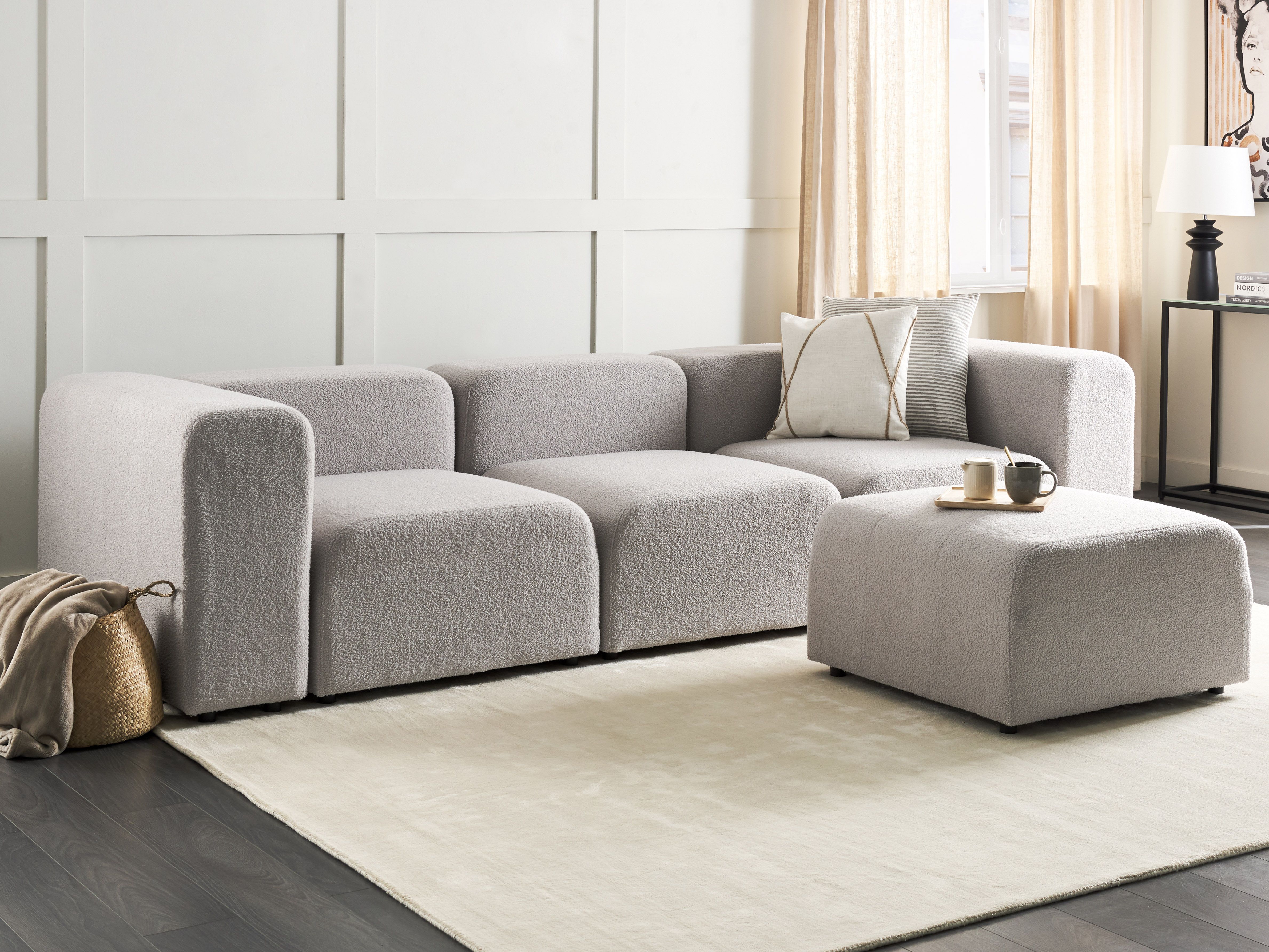 Modular Sofa 3 Seater FALSTERBO Boucle Light Grey with Ottoman