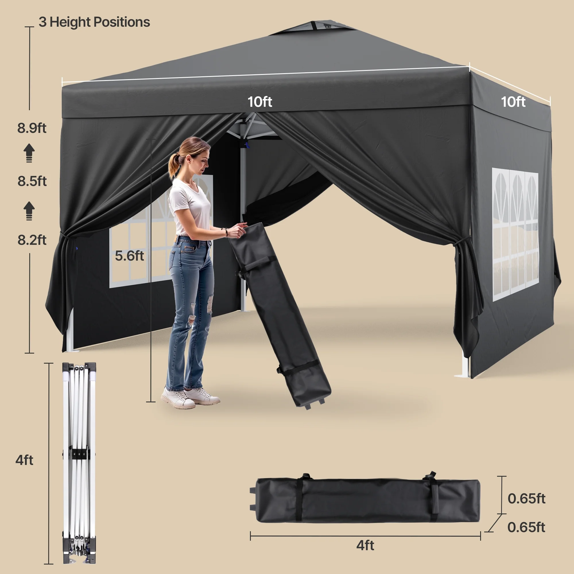 10'x10' Pop-up Canopy Tent with 4 Removable Sidewalls �?Lofka   Portable Outdoor Canopy with 4 Sandbags, 8 Stakes & Ropes �?Perfect for Beach, Party, Patio & Yard Events, Black