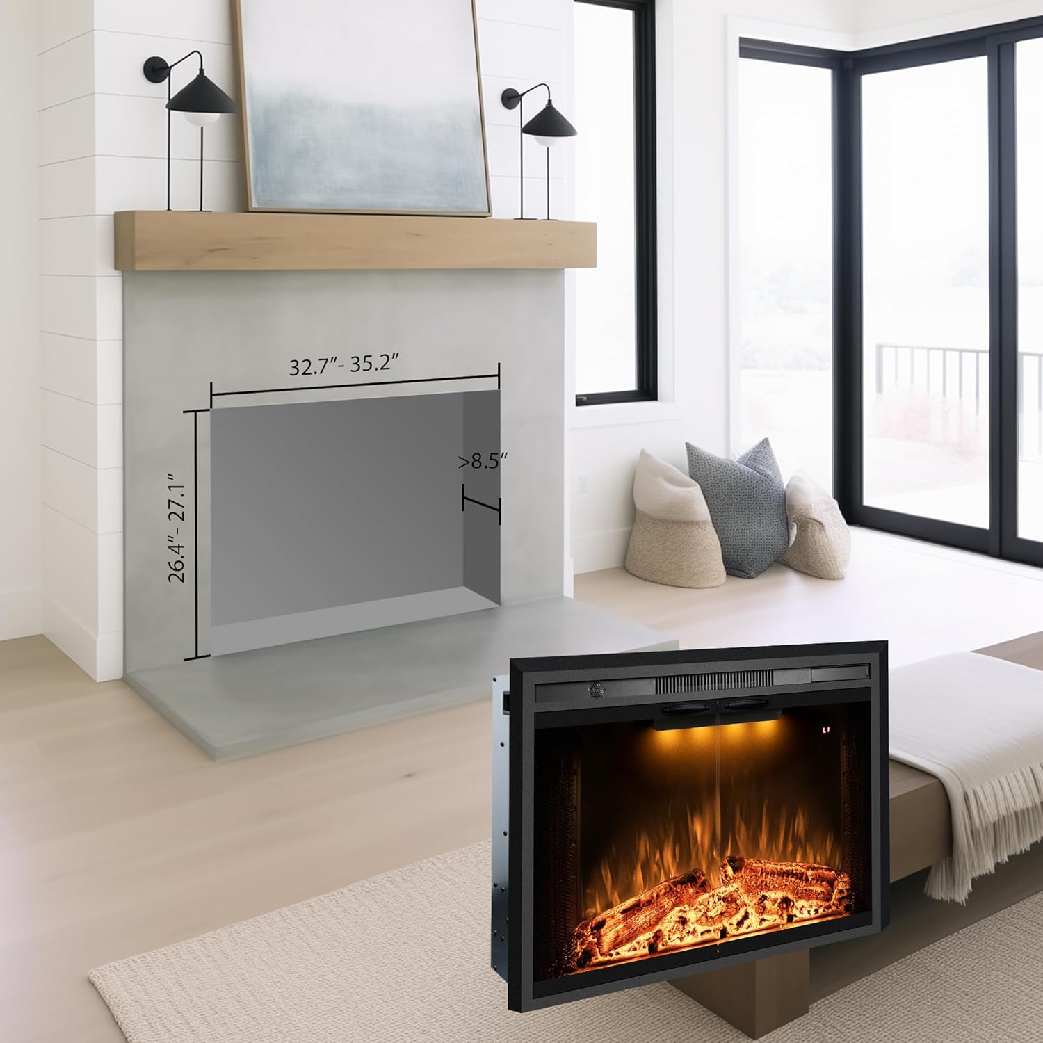 Benrocks 36” Electric Fireplace Inserts with Glass Door and Mesh Screen, Multicolor Flames & Fire Crackling Sounds, Timer, Overheating Protection Fireplace Heater, 750/1500W