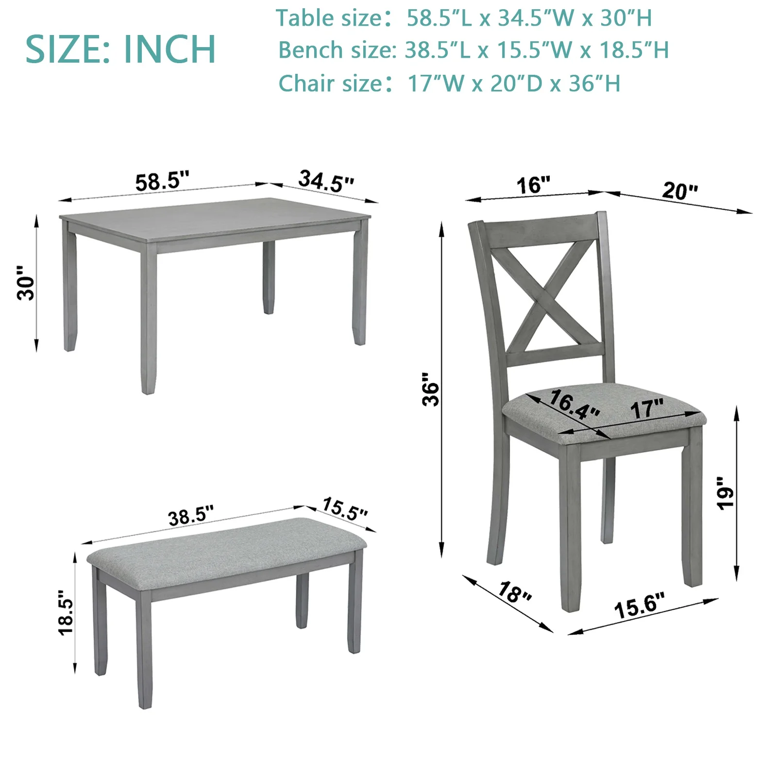 Dining Room Set, LEGAHOME 6 Piece Dining Sets with Bench and Chairs, Solid Wood Kitchen Dining Table Set for 6 with Upholstered Chairs, Gray - Image 36