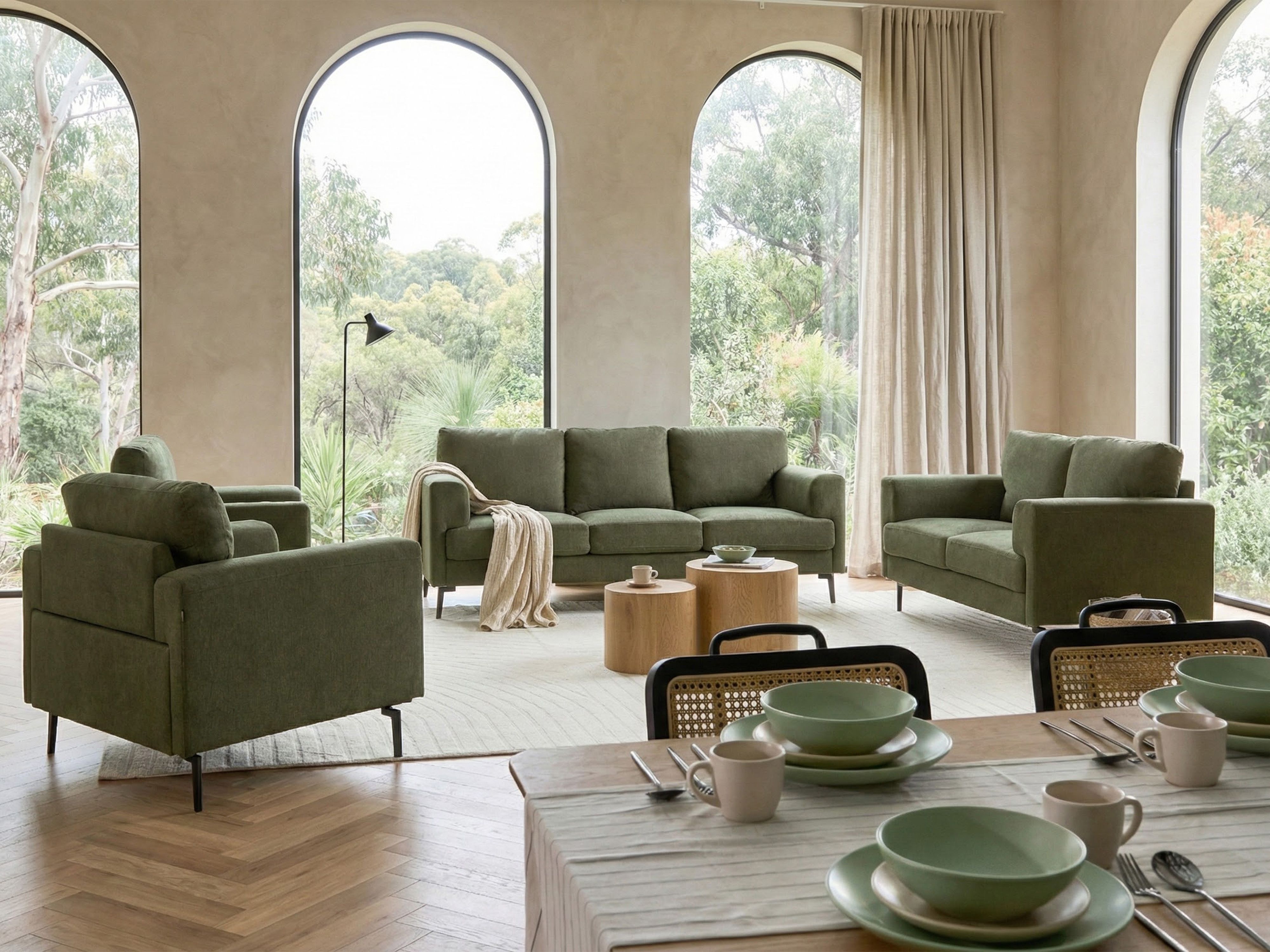 Living Room Set 7 Seater LOUSTO Fabric Green