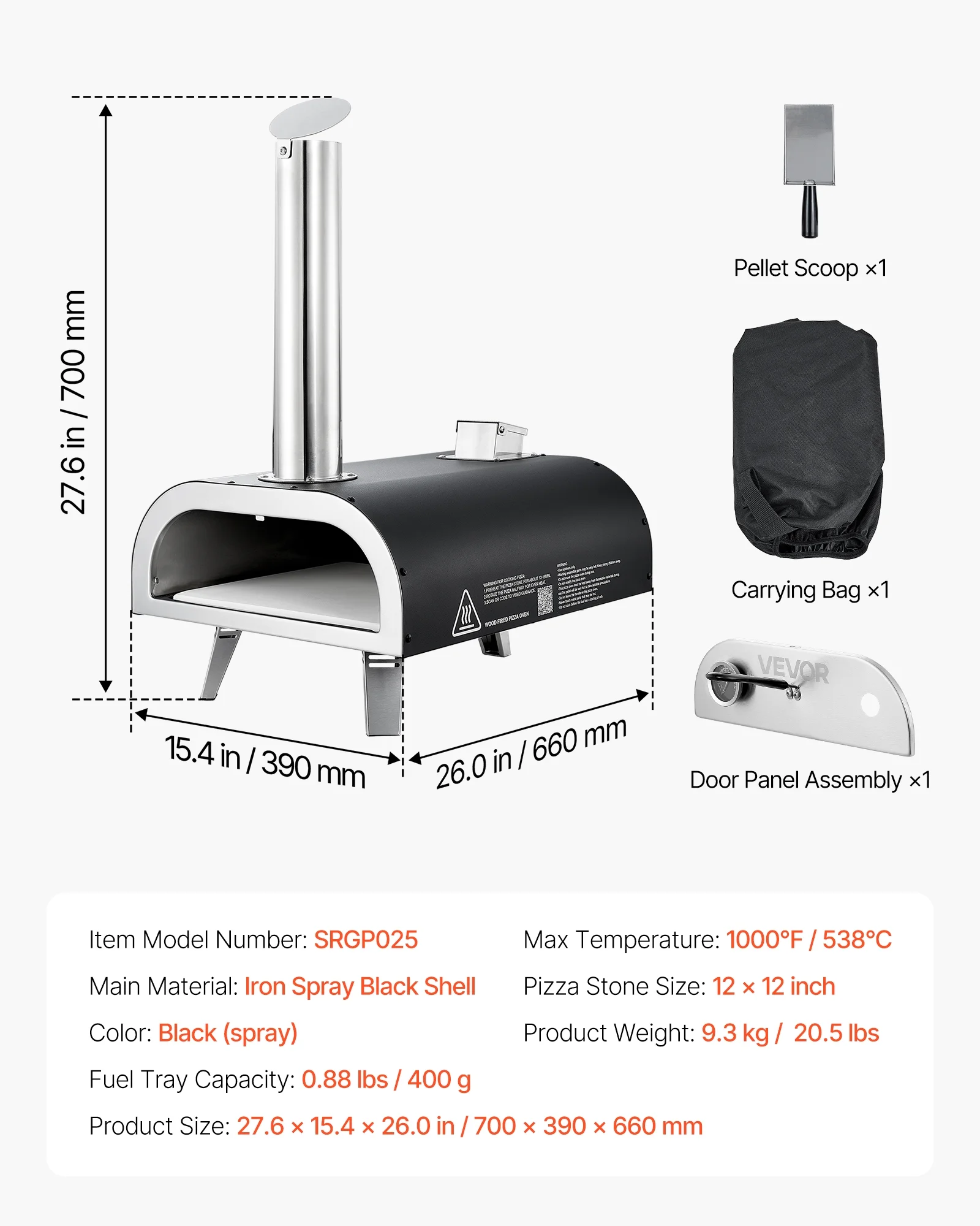 VEVOR Outdoor Pizza Oven, 12 Inch Wood Fired Pizza Ovens, Pellet Pizza-Stove with Thermometer, Portable Pizza-Maker for Outside Backyard Patio Camping, Pizza-Stone, Carry Bag, Shovel, Black - Image 7