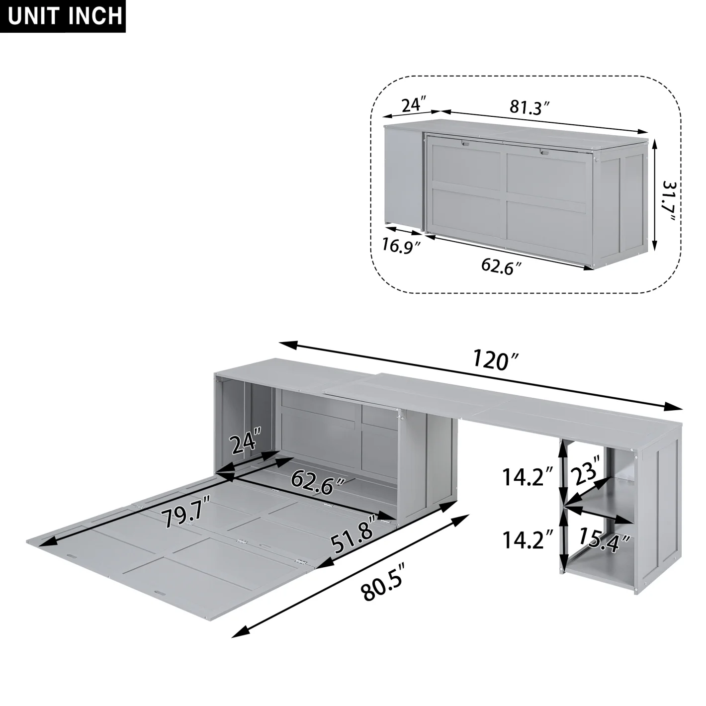 \ Queen Size Multi-Functional Cabinet,Wooden Foldable Platform BedFrame with Rotable Desk and Storage Shelves,Space-Saving Floor Bed Cabinet for Guest Room Home Office,Easy to Assemble,Gray