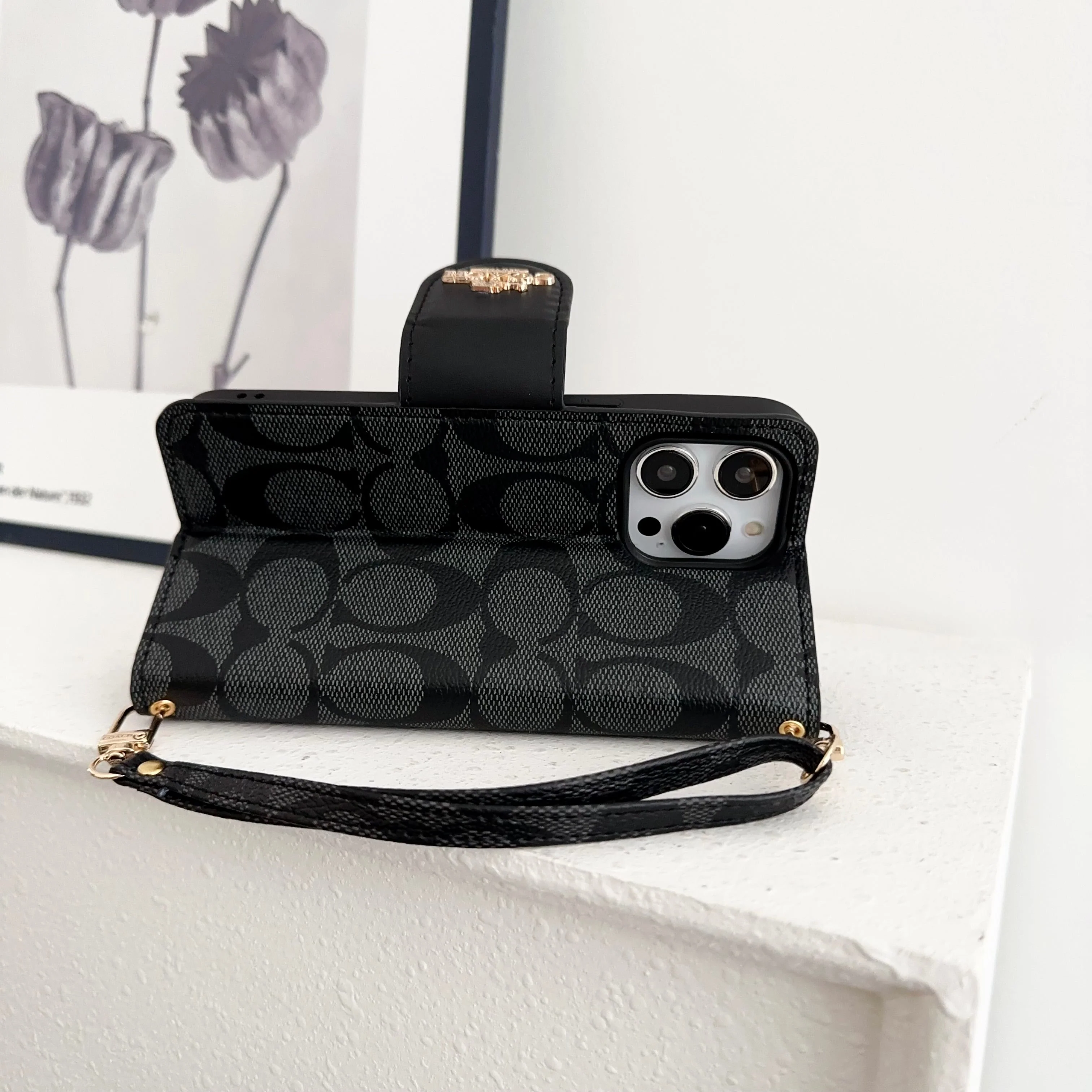 Coach iPhone Case  Leather Flip Case with Card Holder Black-PTK241622 - Wholesale & Influencer