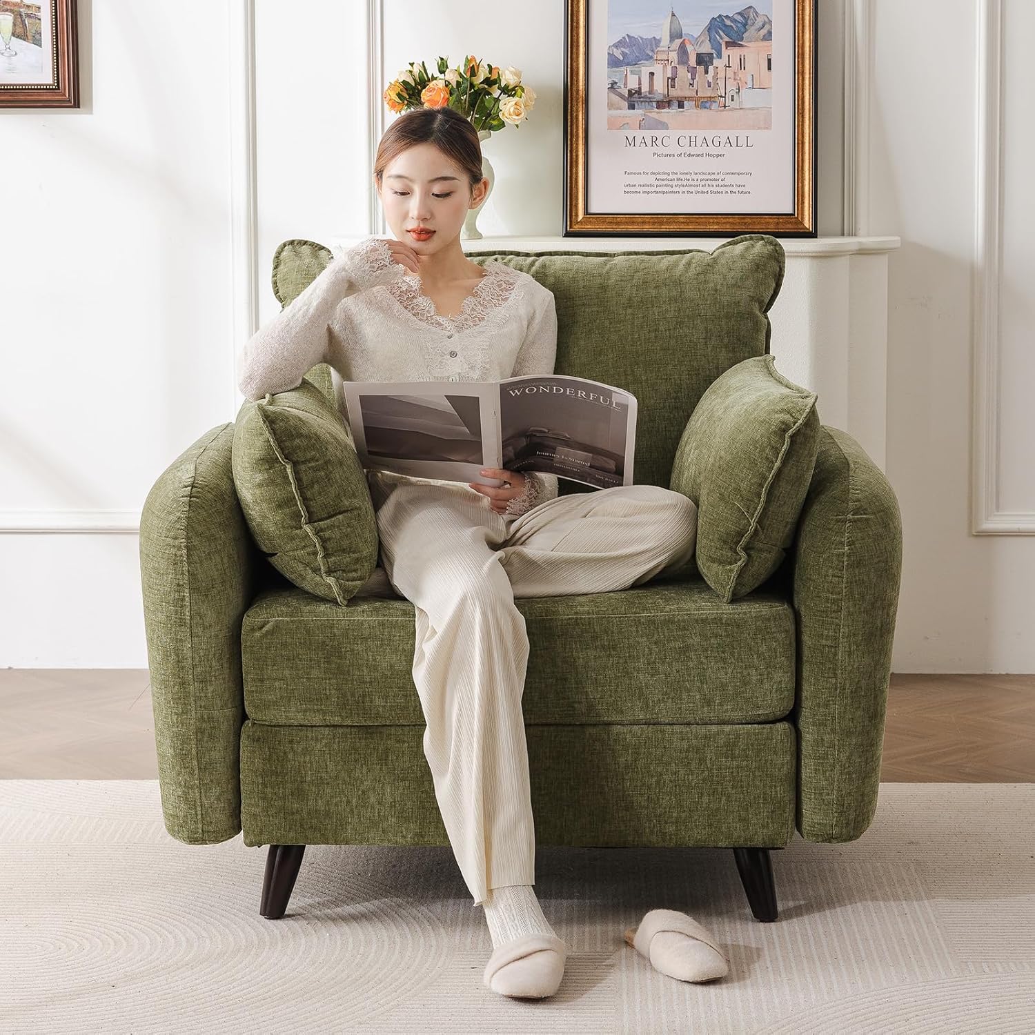 Oversized Accent Chair with All Seats Storage,Comfy Living Room Chairs with 2 Throw Pillow,Upholstered Mid-Century Armchair,24.5'' Deep Seat,Reading Chair for Bedroom,Office,Chenille,Green
