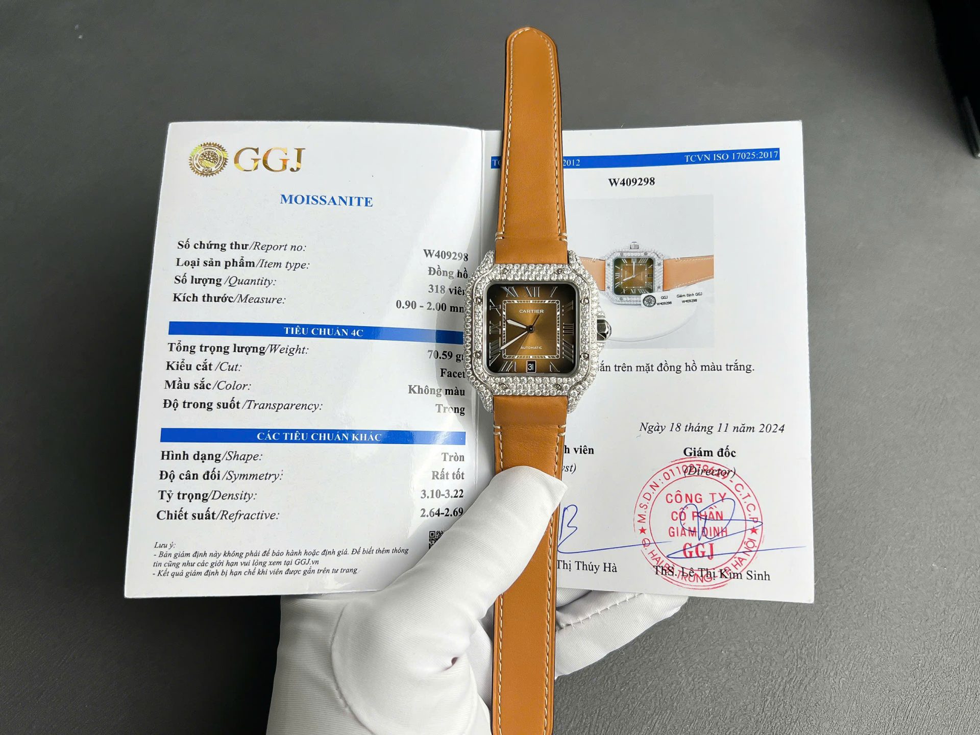 Cartier Santos Brown Dial Copies Watches Custom Diamonds Moissanite BV Factory 39.8mm - Top club