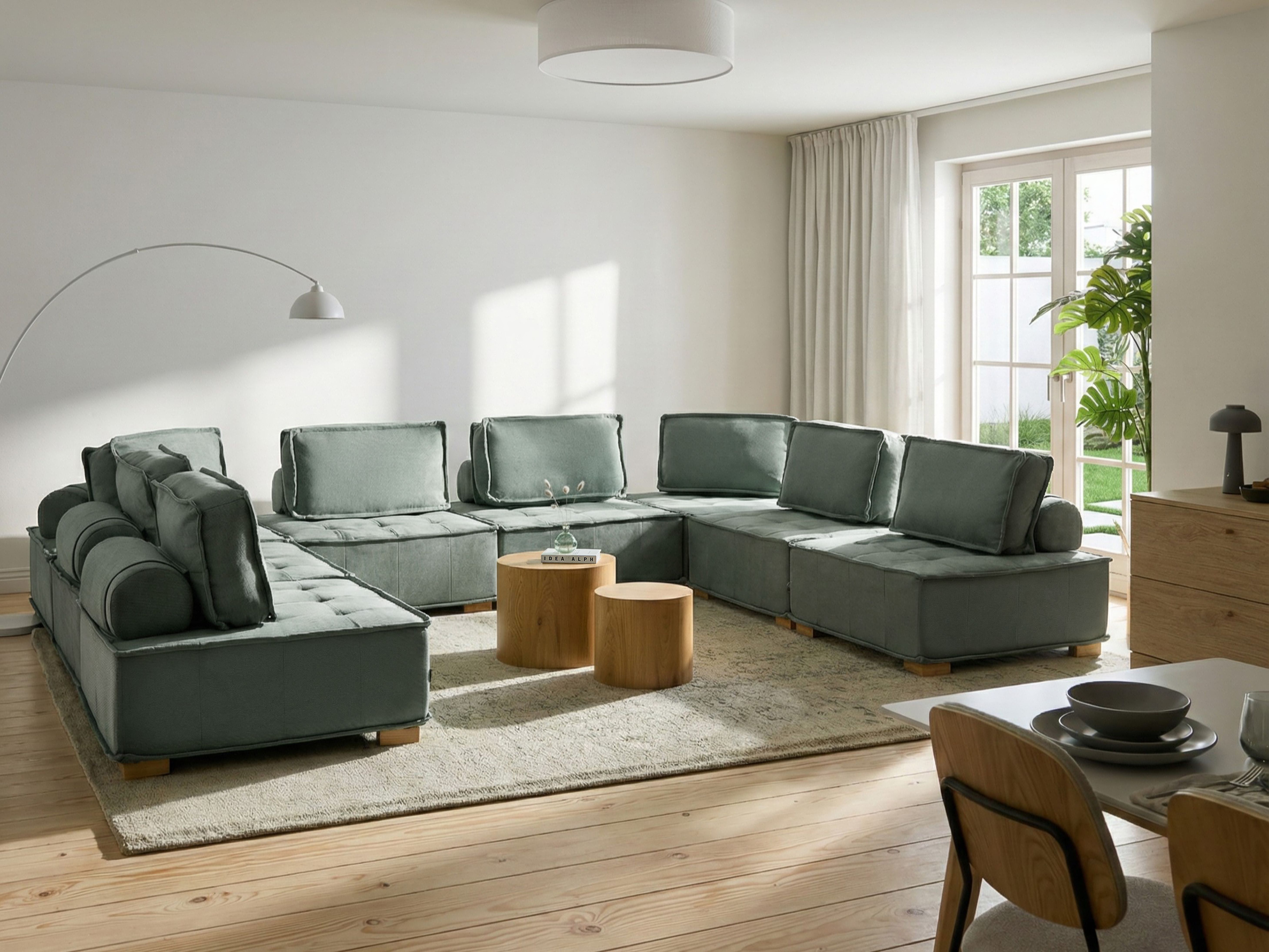 Modular U-Shape Sofa 8 Seater TIBRO Fabric Light Green