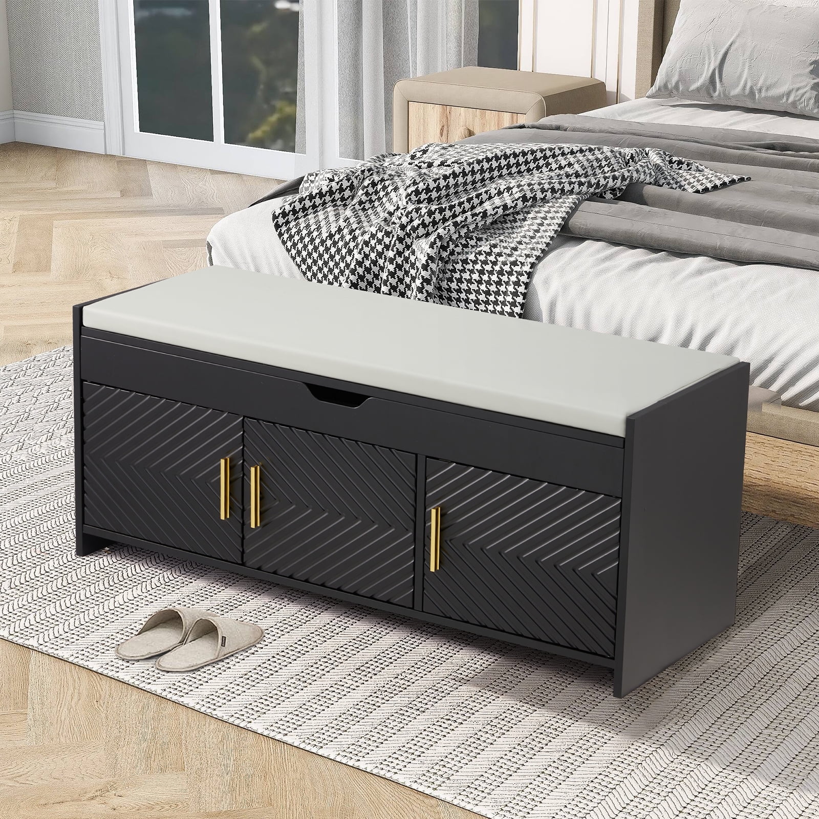 AVAWING Storage Bench, Shoe Bench with Lift Top Storage, Wooden Entryway Bench, Black - Image 8