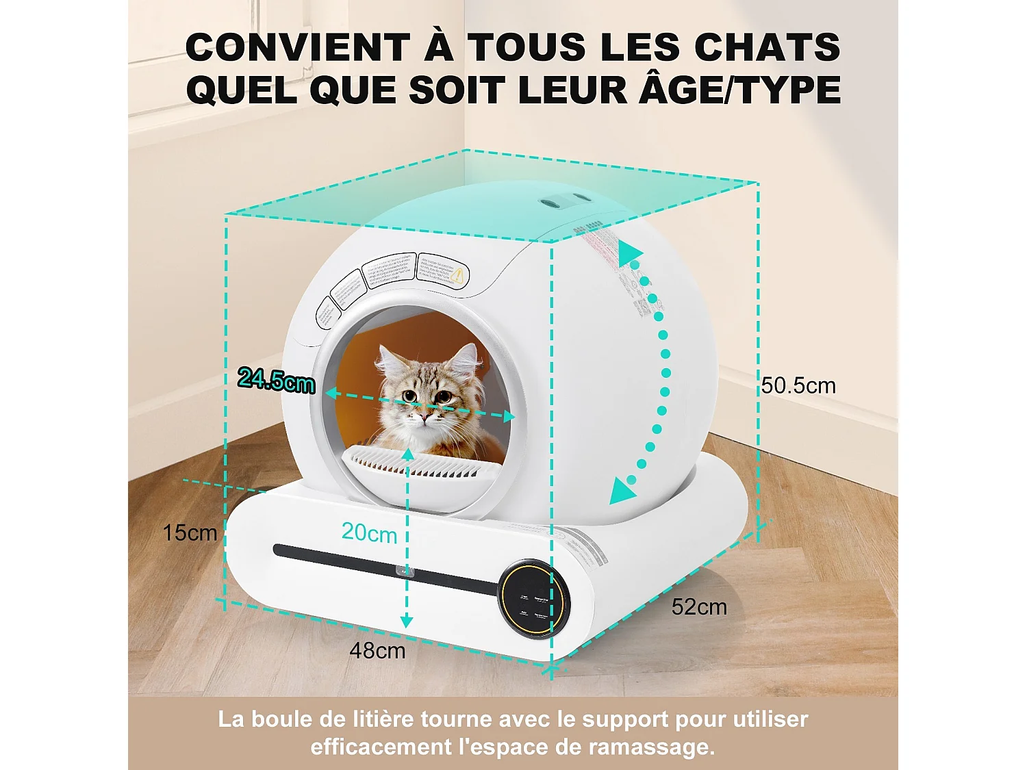 Maison de toilette pour chat, bac à litière, nettoient automatiquement, odeur éliminée, avec capteur infrarouge et APP, 48x52x50.5cm