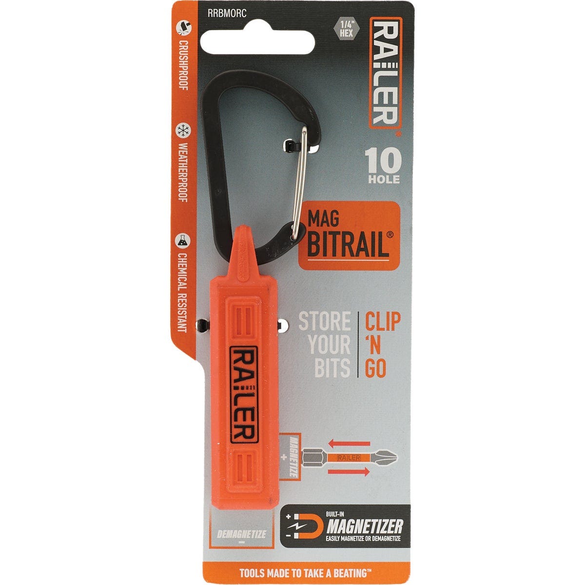 Railer 10-Hole Magnetizer Bitrail Orange Bit Holder with Carabiner