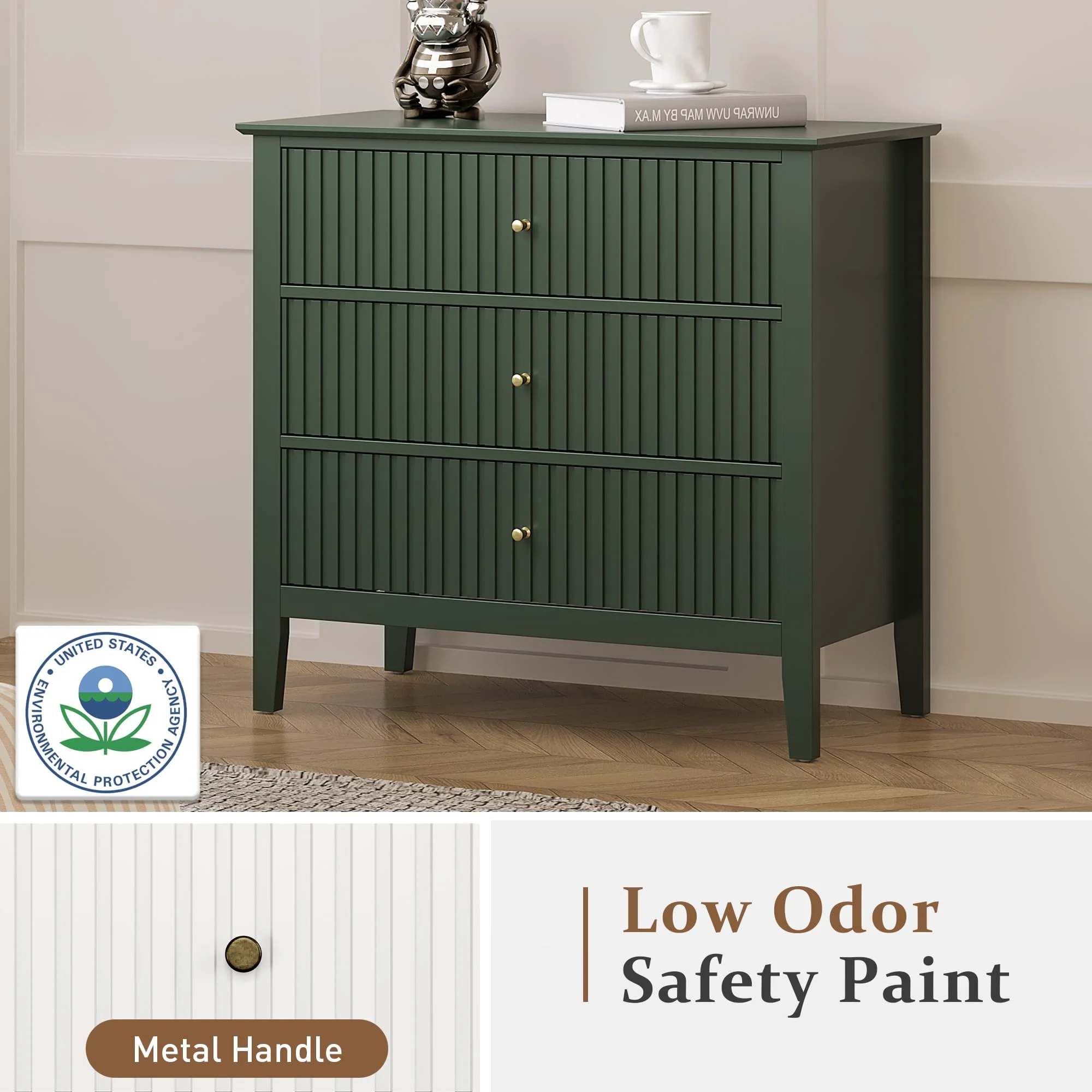 May Color Large White 3 Drawer Dresser Set of 2 with Fluted Panel, Modern Chest of Drawers with Silent Slide Drawers, Wood Accent Nightstand with Storage for Bedroom Living Room, Hallway - Image 123