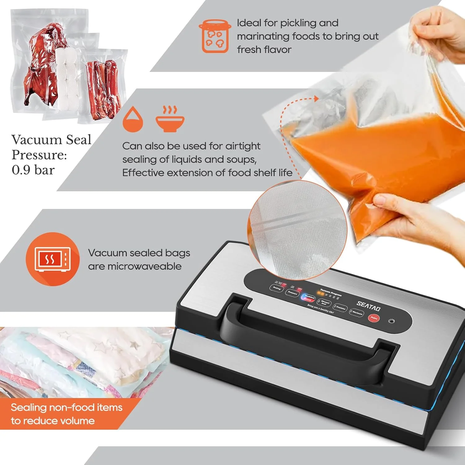 Upgraded Vacuum Sealer for Liquid, 90Kpa Vacuum Sealer Machine for Dry/Moist/Liquid Food, Easy-Lock Handle, Double Heat Seal, Built-in Cutter and Bag Storage & Removable Drip Tray - Image 2