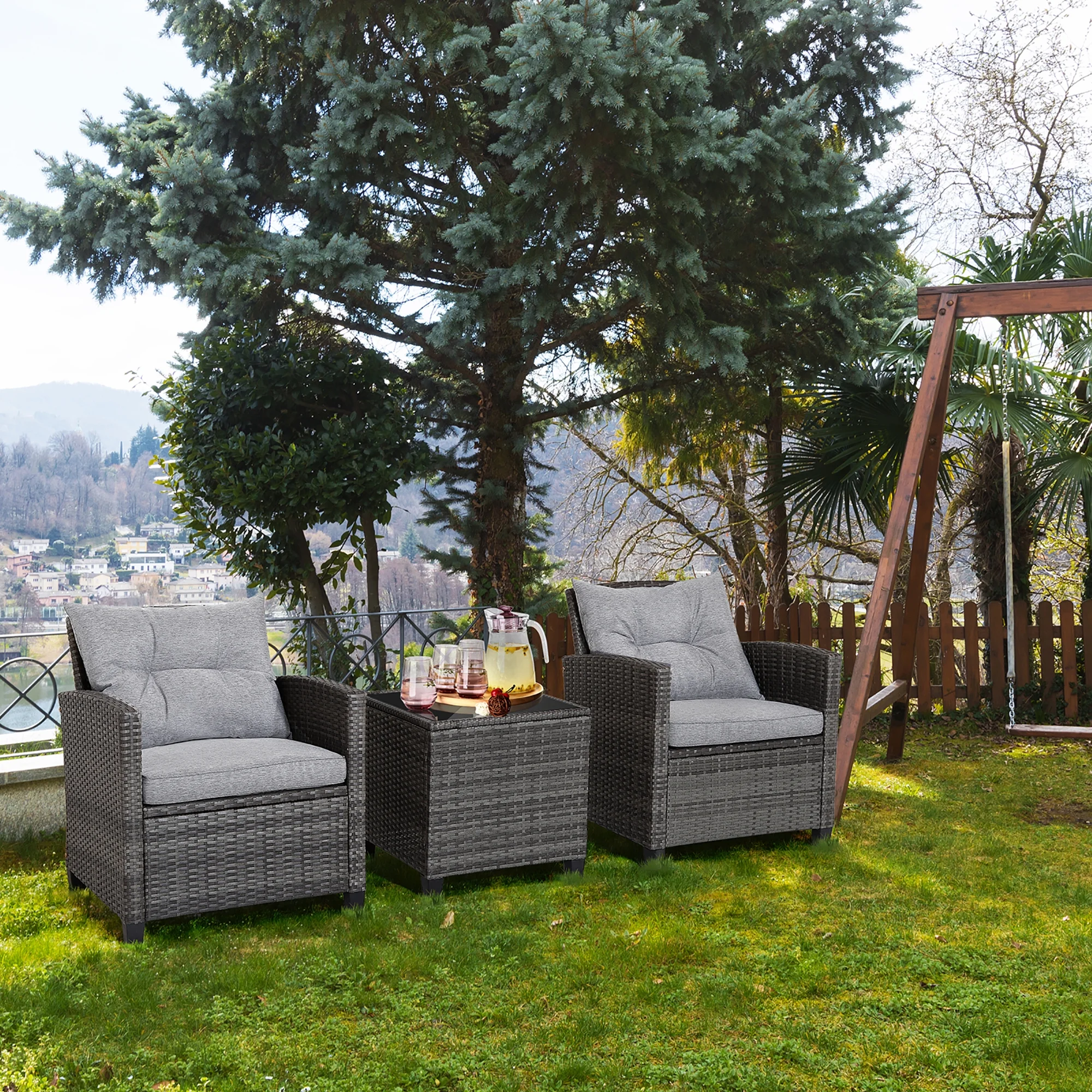Gymax 3PCS Patio Rattan Sofa Set Outdoor Wicker Conversation Set Glass Tabletop w/ Grey Cushion - Image 10