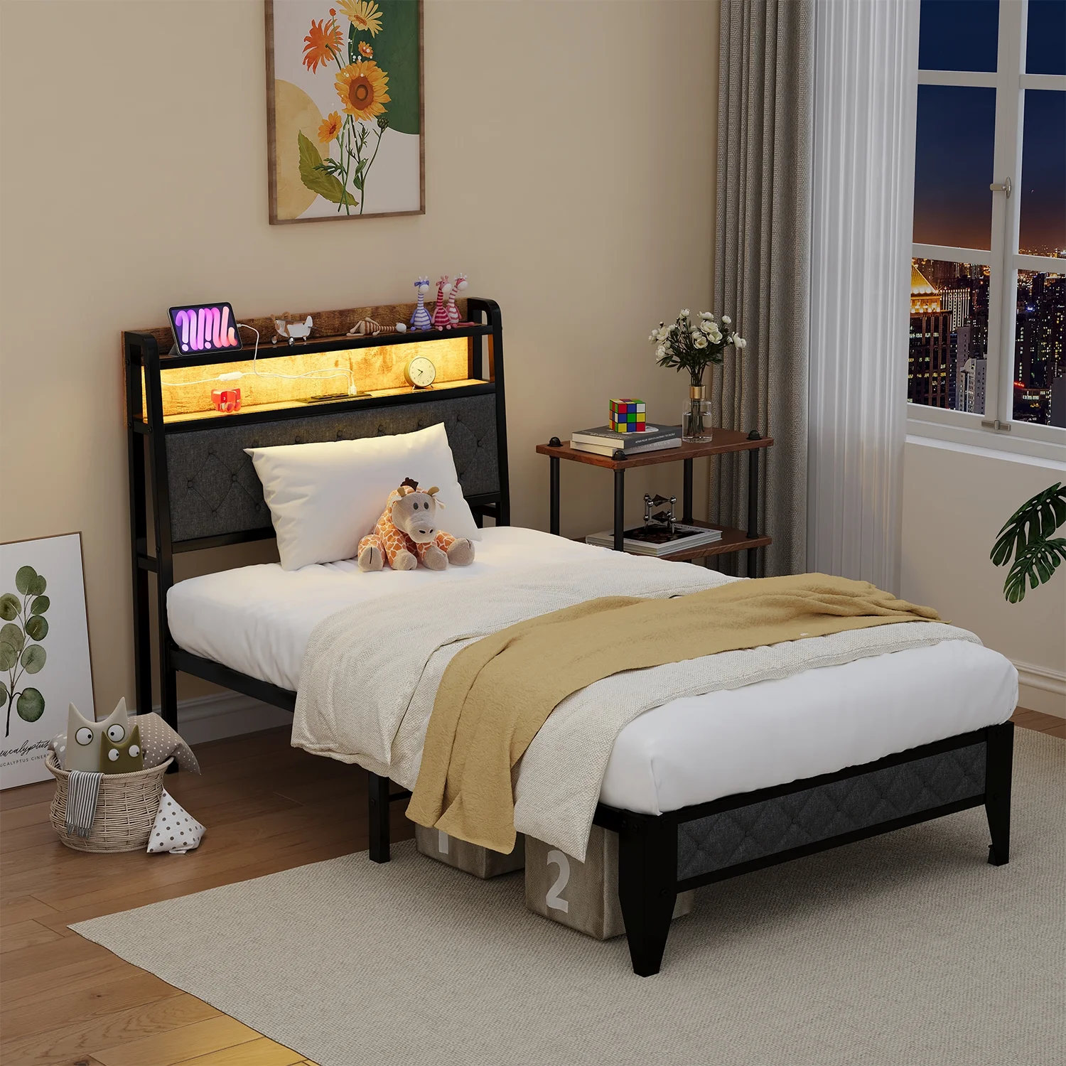 Meteorleg Twin Size Bed Frame with Storage Headboard & Charging Station,Platform Metal Bed Frame with RGB Lights,Grey