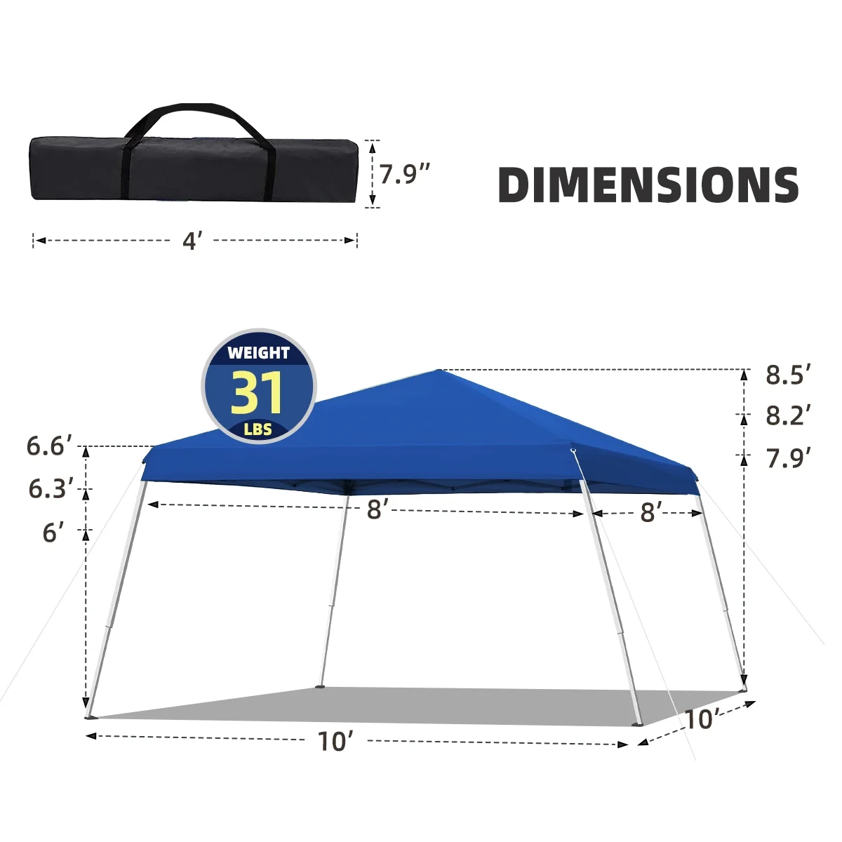 10x10 Pop Up Canopy Tent With Durable Silver Coated Cover And Adjustable Slant Legs, Easy Setup Outdoor Patio Instant Sun Shelter - Blue, Included 1 x Storage Carry Bag, 4 x Guylines, 8 x Stakes