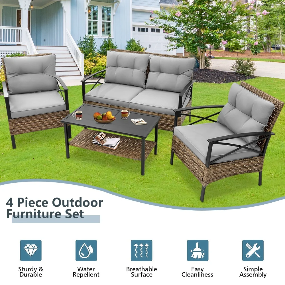 Patio Sofa Set, 4 Pieces Outdoor Sectional Furniture, All-Weather PE Rattan Wicker Patio Conversation Set, Cushioned Sofa Set with Coffee Table for Patio Garden Poolside Deck - Image 8