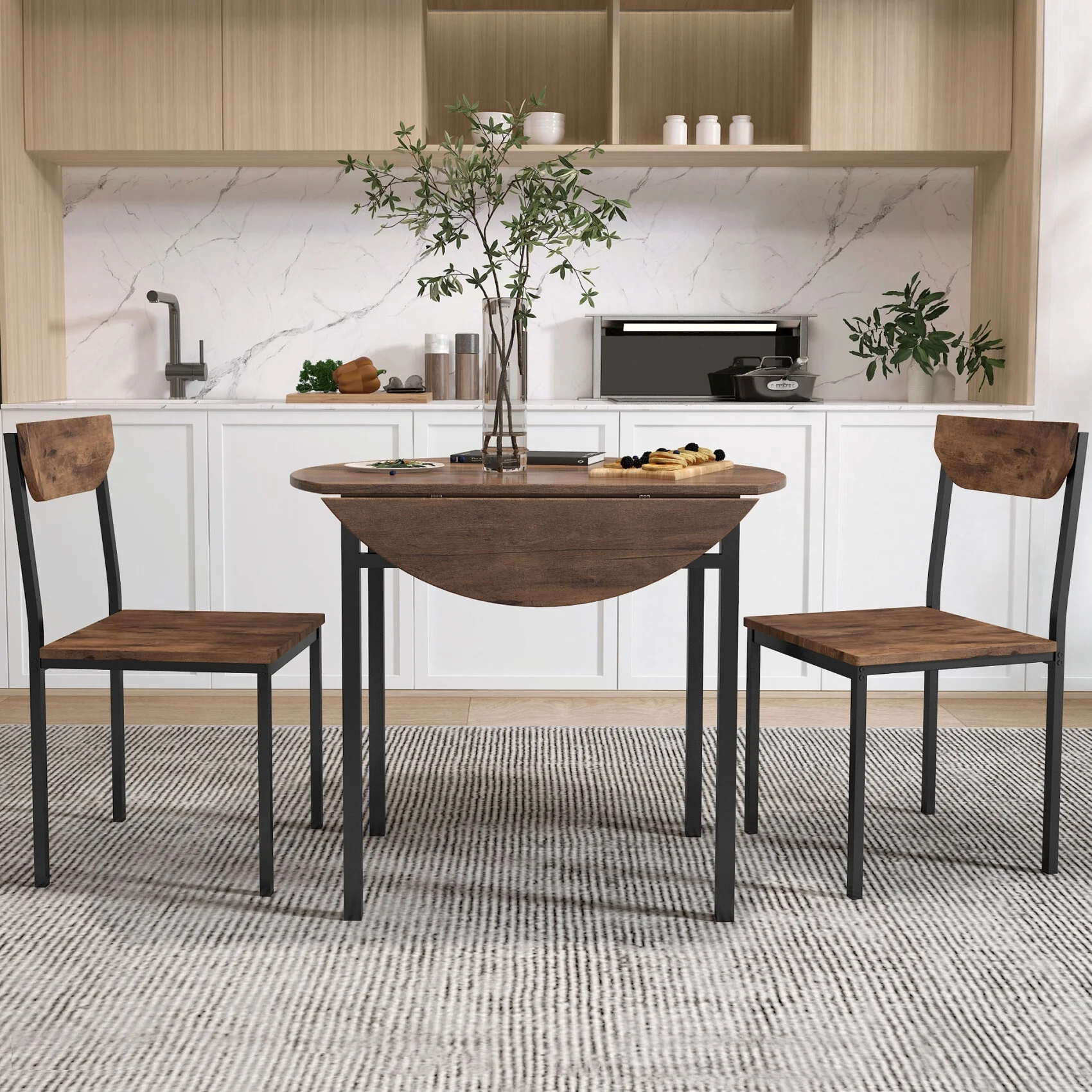 3-Piece Dining Table Set,Modern Round Dining Table with Drop Leaf and 2 Chairs,Wood Kitchen Dining Table Set ,Coffee Tables Set for Dining Room Office Restaurant Bar,Golden+Rustic Brown+Black