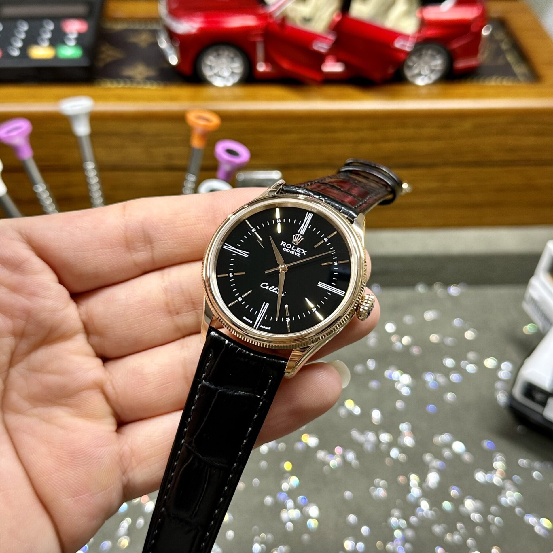 Rolex Replica Watch Cellini Time 50505 Black Dial Leather Strap 39mm - Elite Watch Atelier
