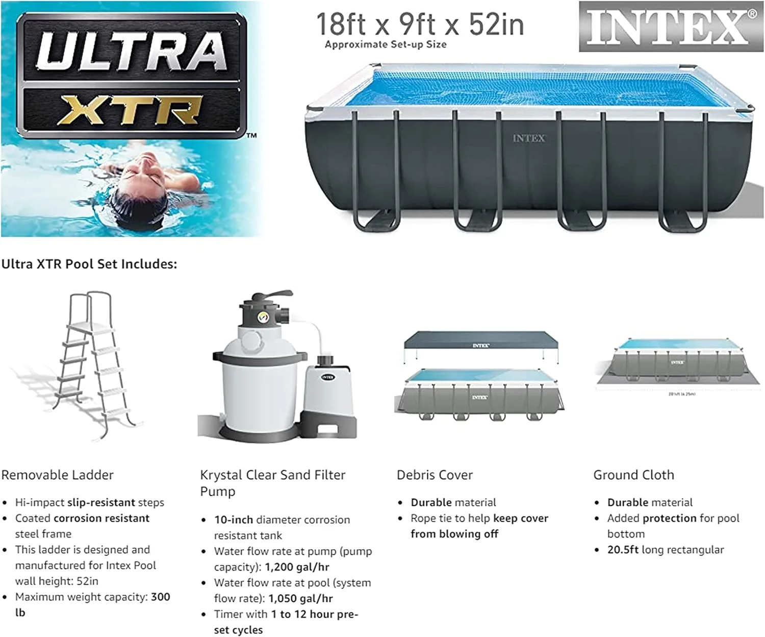 Intex Ultra XTR Rectangular Frame Above Ground Pool Set, 18' x 9' x 52" - Image 8 Intex Ultra XTR Rectangular Frame Above Ground Pool Set, 18' x 9' x 52" - Image 8