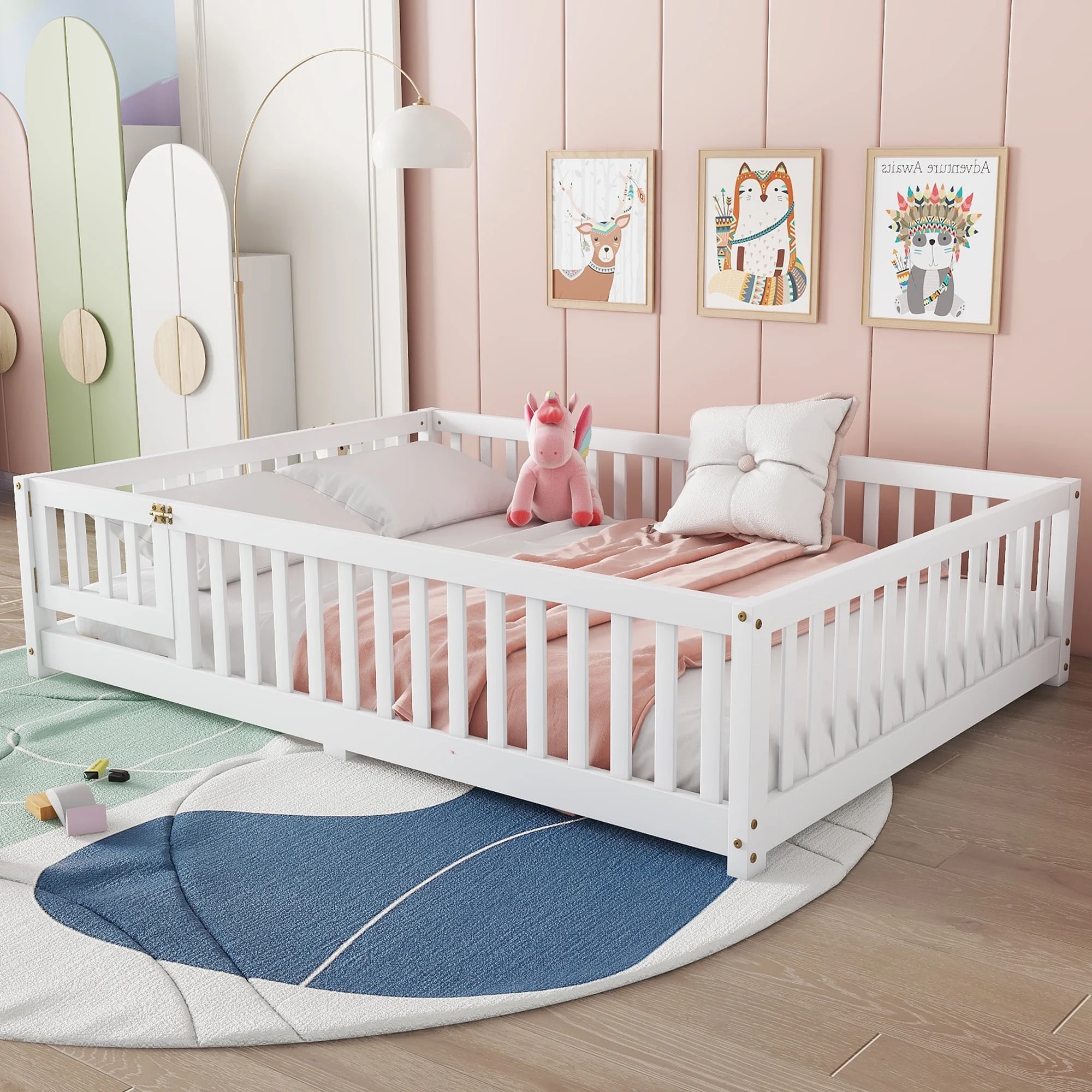 Bellemave Full Size Floor Bed with Door and Fence Floor Bed with Bed Slats Sturdy Wood Floor Bed Montessori Bed Frame (Full, Pink) - Image 39