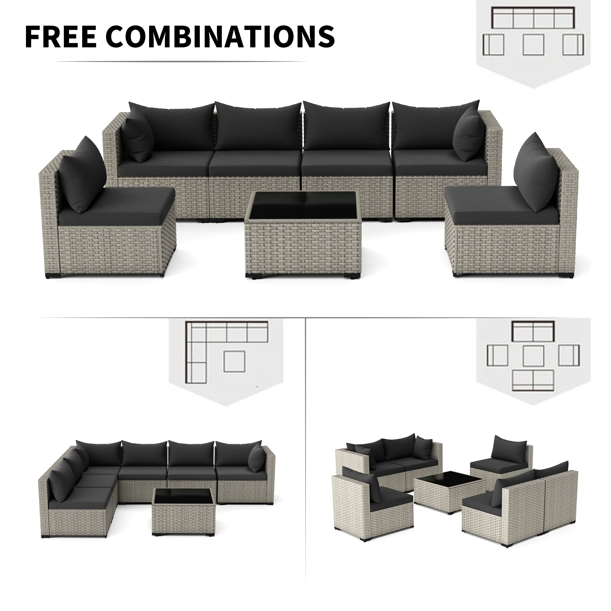 7 Pieces Patio Conversation Set, Outdoor Sectional PE Rattan Wicker Furniture Seat,Dark Gray - Image 51