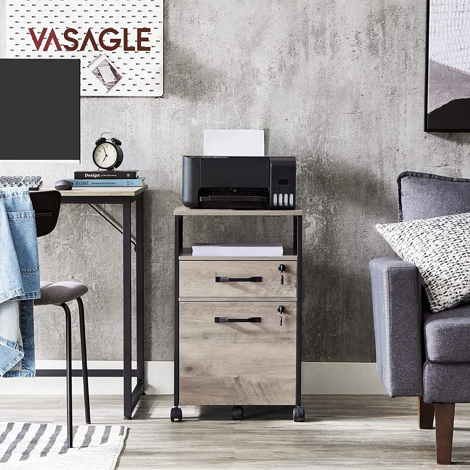 VASAGLE File Cabinet with Lock Filing Cabinet with 2 Storage Drawers for Home Office Open Shelf Greige and Black