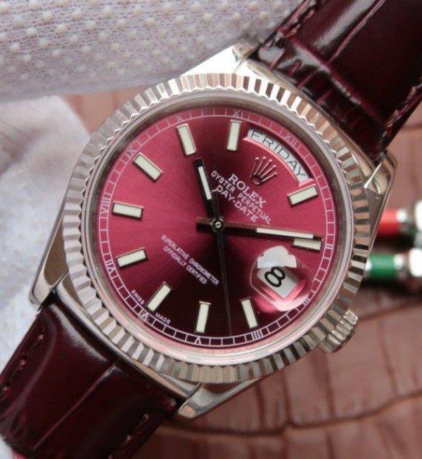 Replica Rolex Day-Date 36mm 118139-L Red Dial Stick Markers Brown Leather Strap A2836 - Elite Watch Atelier