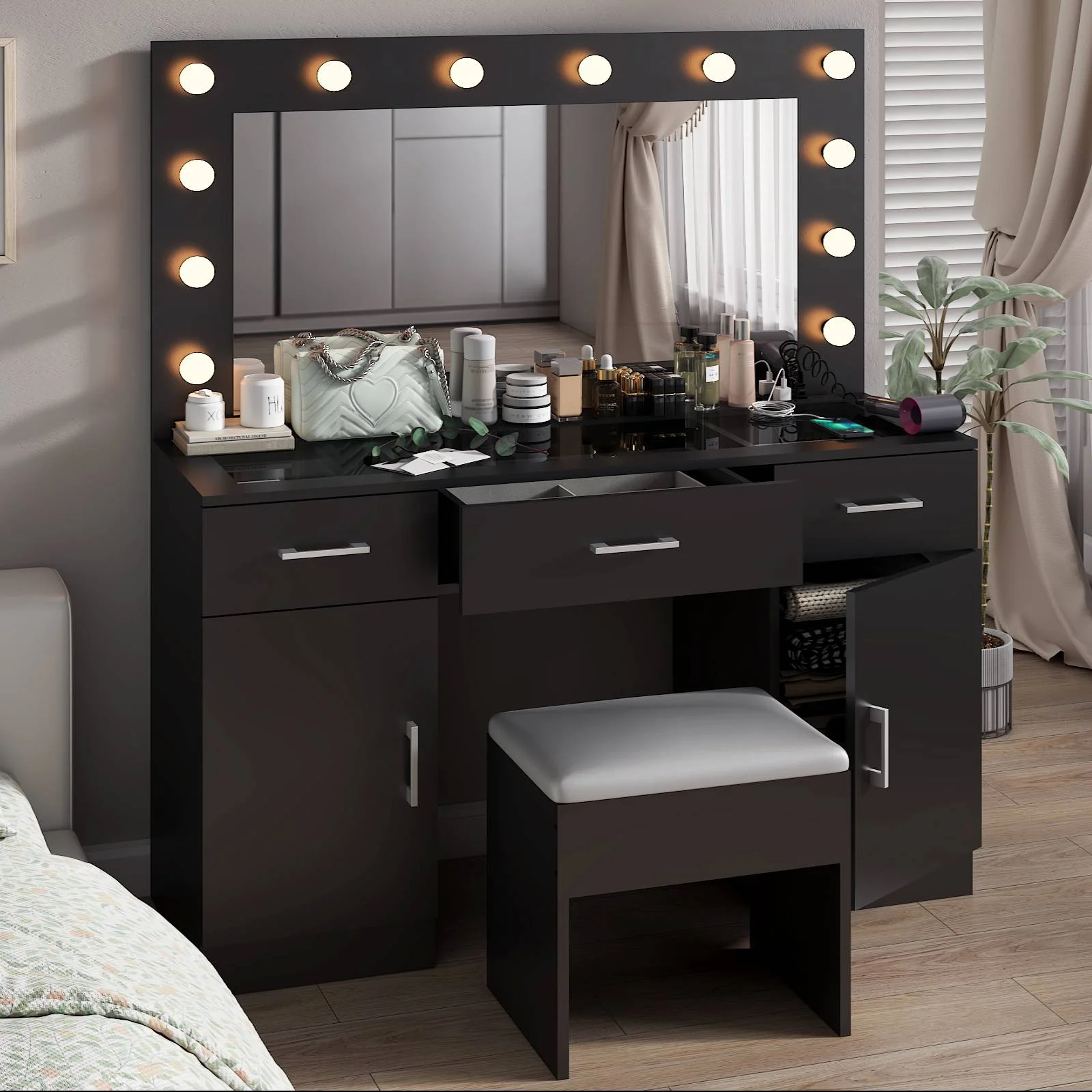 Ktaxon Large Makeup Vanity, Vanity Table Set w/ Visible Glass Top w/ Charging Station, White - Image 54