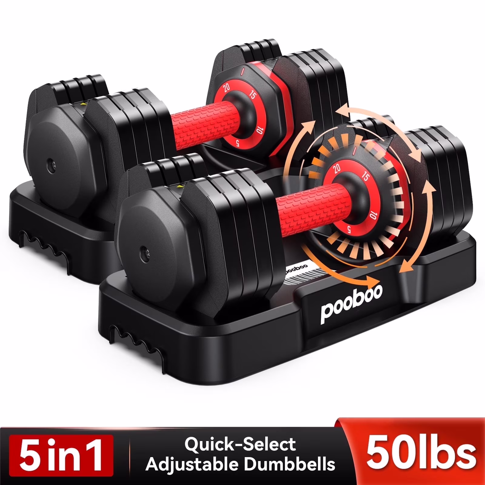 (1 Pair) LNOW 50lbs Quick Select Adjustable Dumbbells for Home Gym 5 in 1 Free Weights 5/10/15/20/25lb/50lb Dumbbell with Anti-Slip Handle, Suitable for Home Gym Exercise Equipment