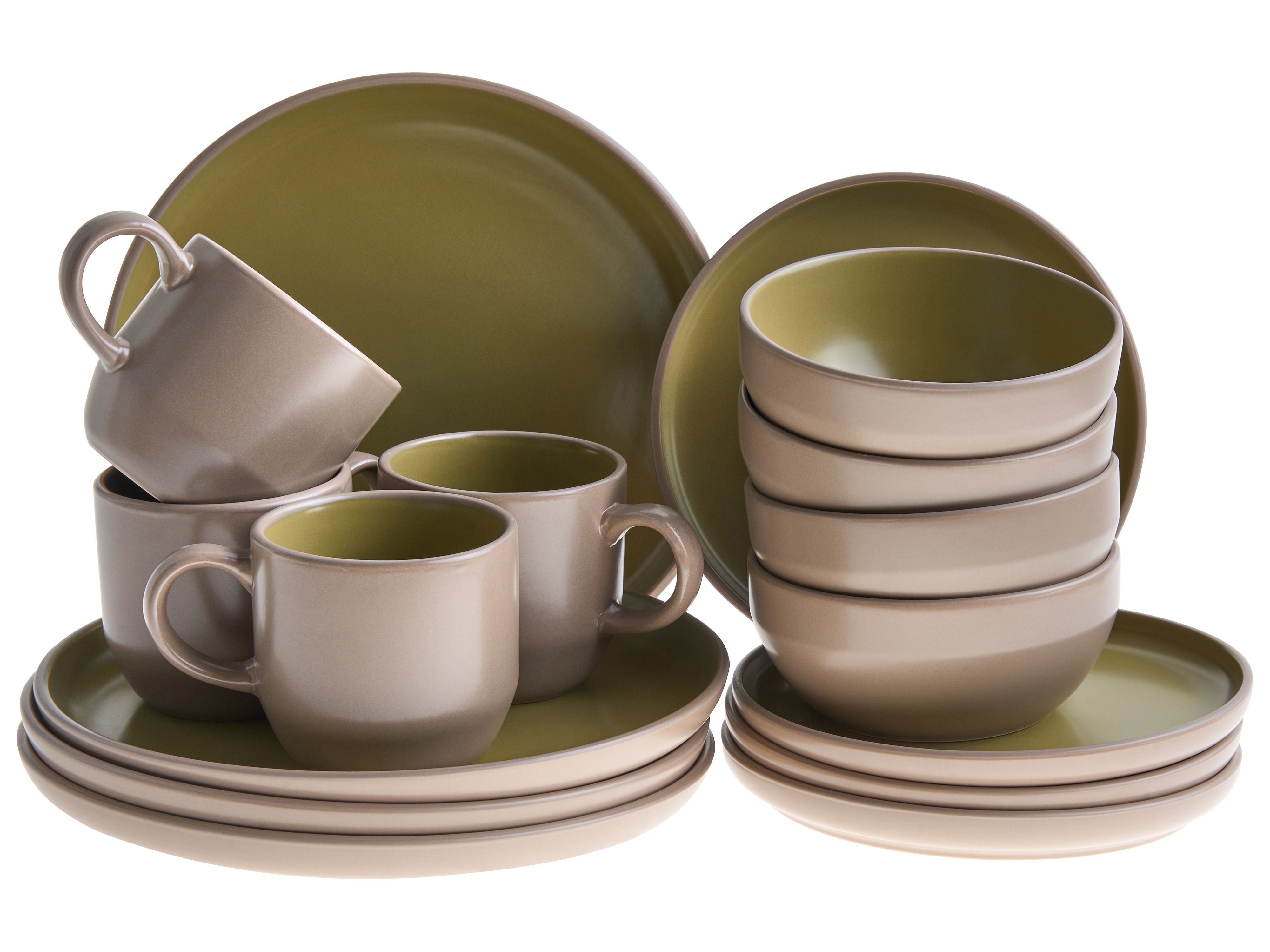 Set of 16 Dinnerware NUTMEG Stoneware Beige/ Green