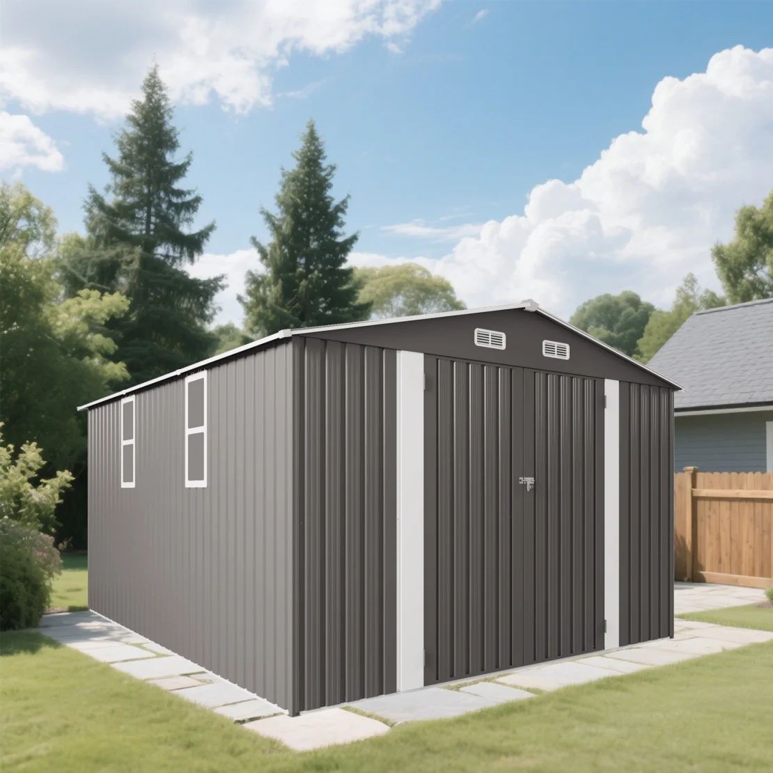 10 x 8 FT Outdoor Storage Shed, Large Metal Storage Shed, Lockable Door and Air Vent, Clear Window Garden Tool Shed for Bicycles, Tools, Lawnmowers, Backyards, Patios, Lawns - Gray - Image 9