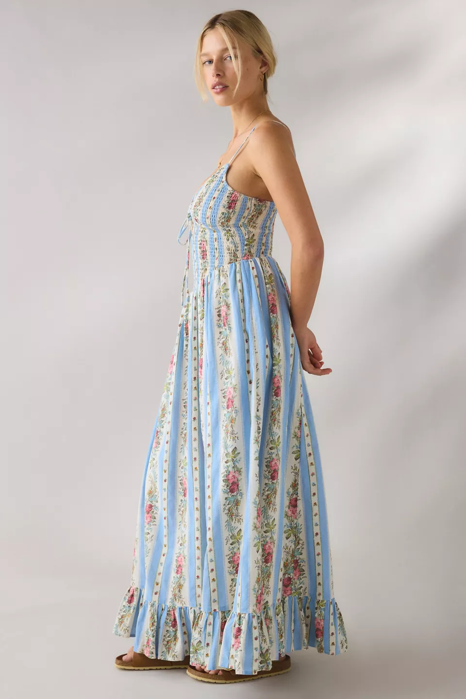 Kimchi Blue Keepsake Tie-Front Smocked Cotton Maxi Dress - Blue Multi