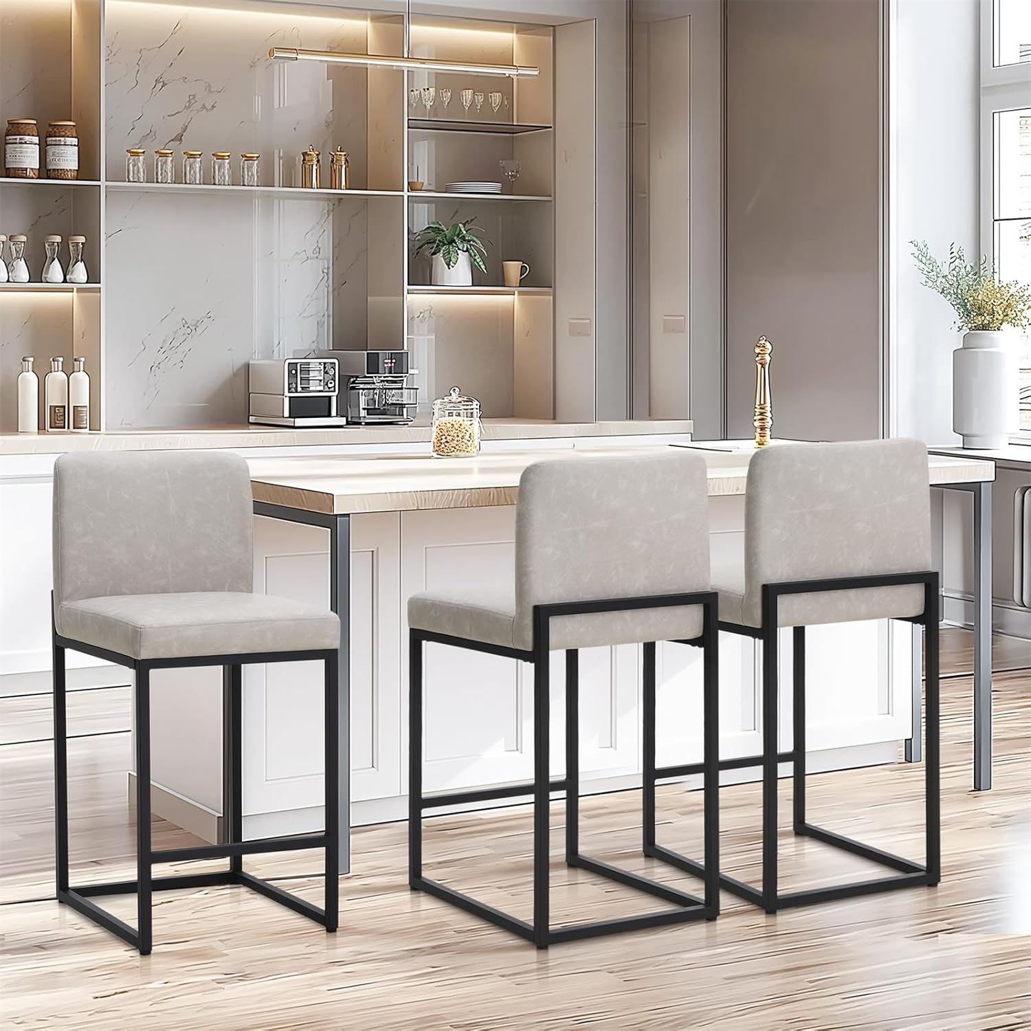 Sophia & William Light Grey Bar Stools Set of 3, Modern PU Leather Counter Height Barstools with Back, 24