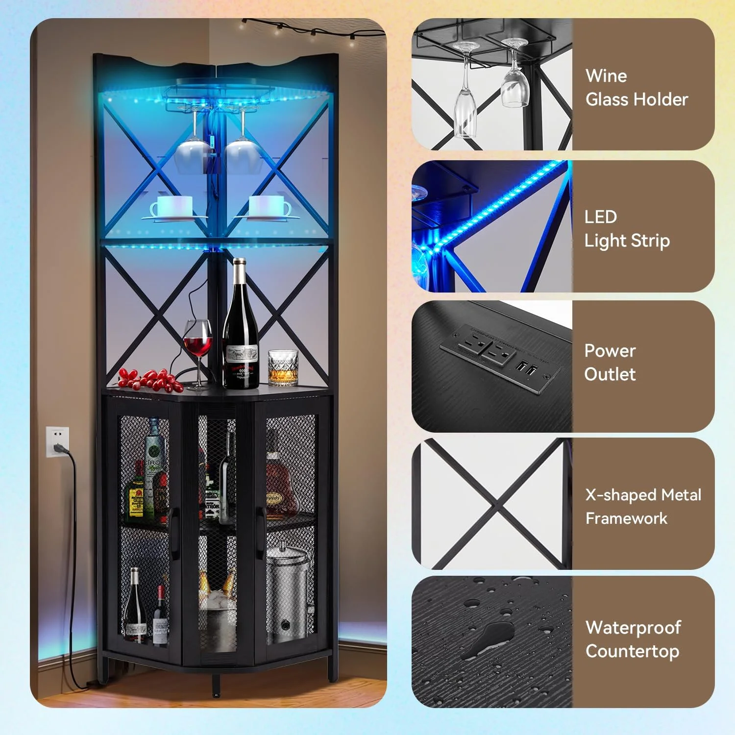 EROMMY Corner Bar Cabinet with Power Outlet, 5-Tiers Wine Bar Cabinet with LED Light and Glass Holder, Industrial Home Bar for Dining Room, Living Room, Kitchen, Modern Black
