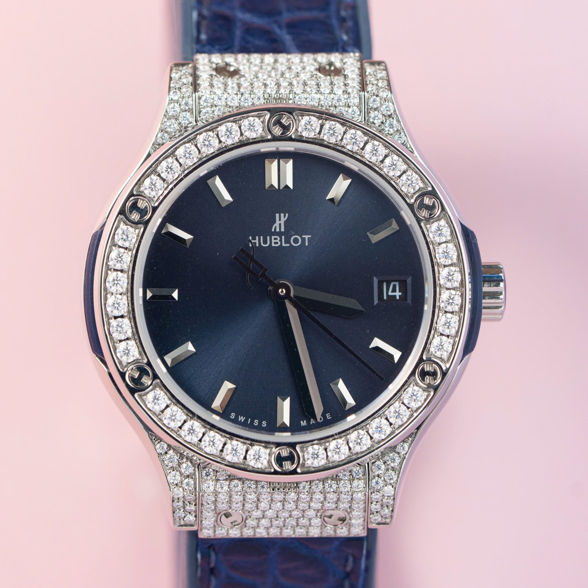 Hublot Replica 11 Watch Classic Fusion Women s Full Diamond Moissanite Blue 33mm - Elite Watch Atelier