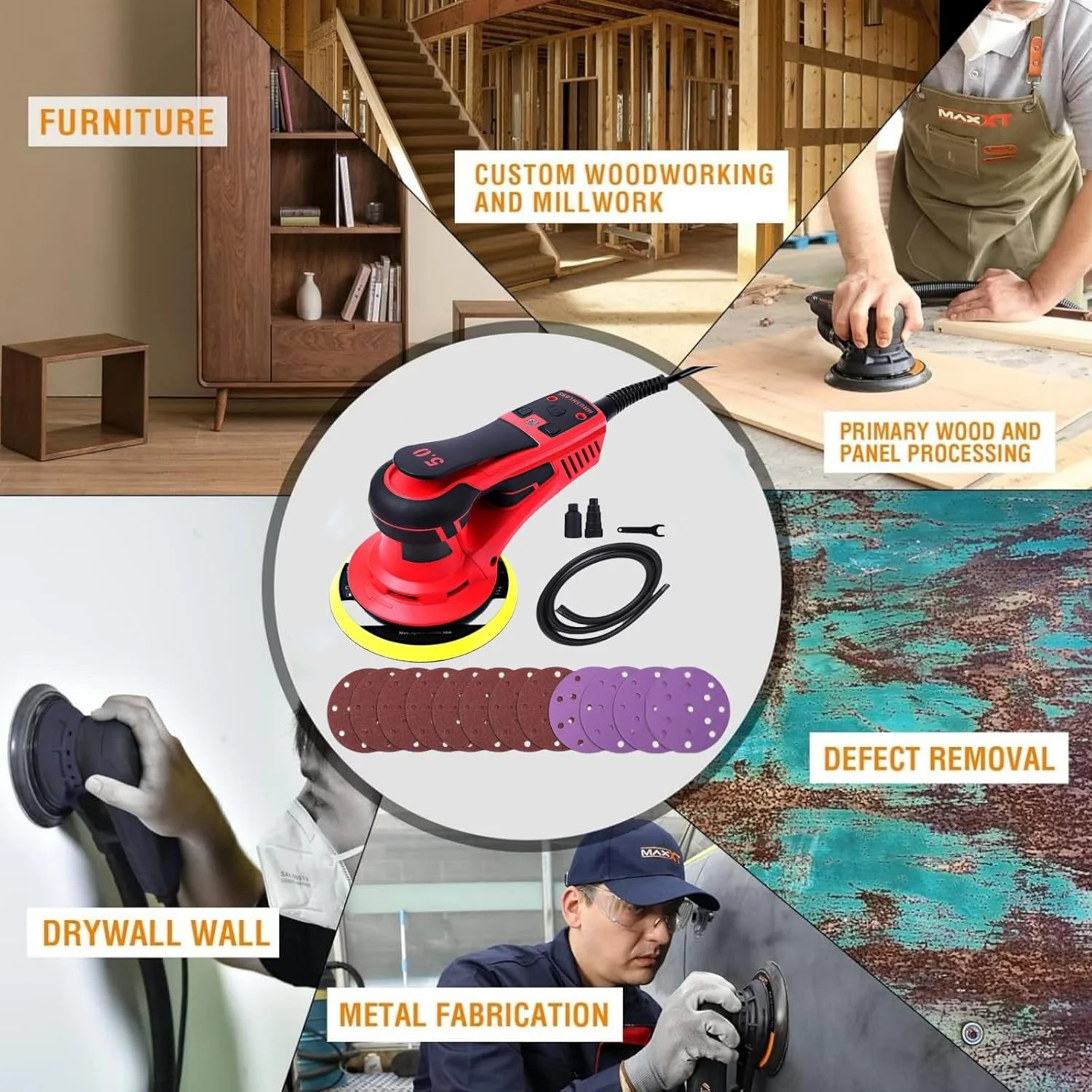 Electric Random Orbital Sander, Brushless Motor, Powerful 350W & Low Vibration Palm Sander, 10000 RPM Variable Speed, 6 - Inch for Woodworking, Polishing, Carpentry
