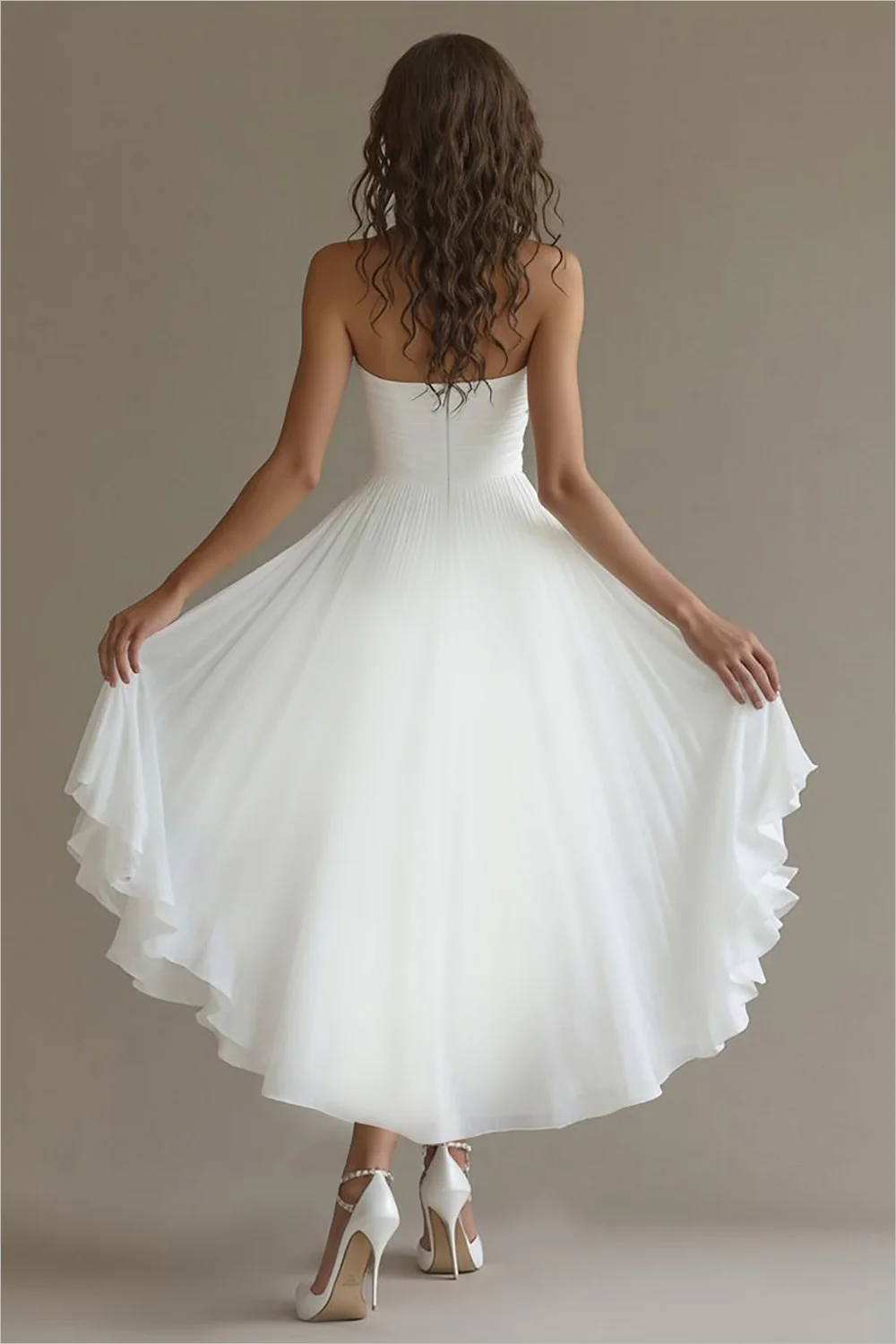 White Chiffon A Line High-Low Engagement Dress with Ruffles